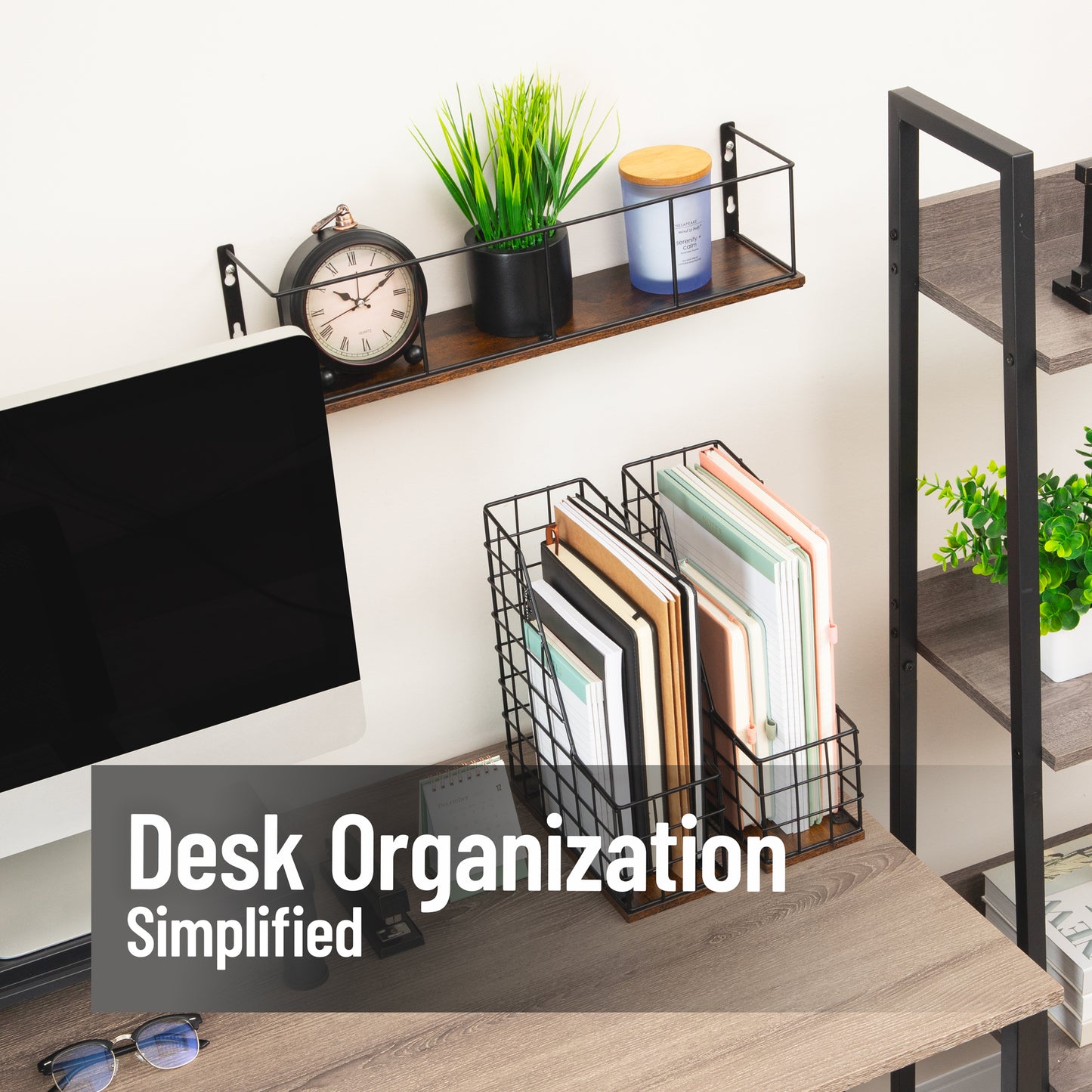 Mind Reader Desktop Shelf for Office Organization and Display, Mounting Hardware Included, Metal and Wood, Brown