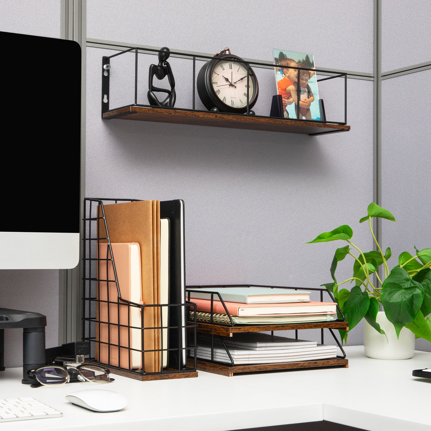 Mind Reader Desktop Shelf for Office Organization and Display, Mounting Hardware Included, Metal and Wood, Brown