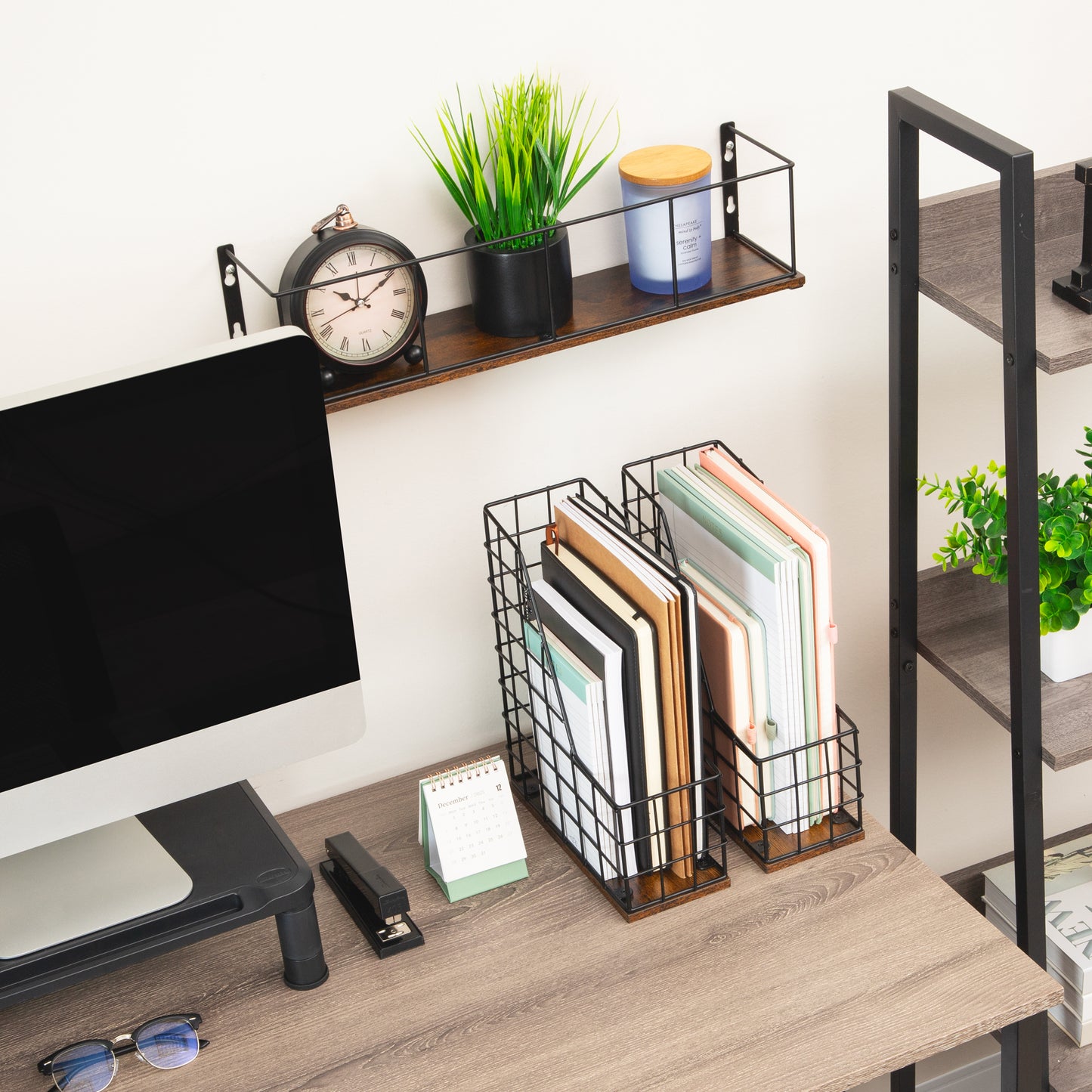 Mind Reader Desktop Shelf for Office Organization and Display, Mounting Hardware Included, Metal and Wood, Brown