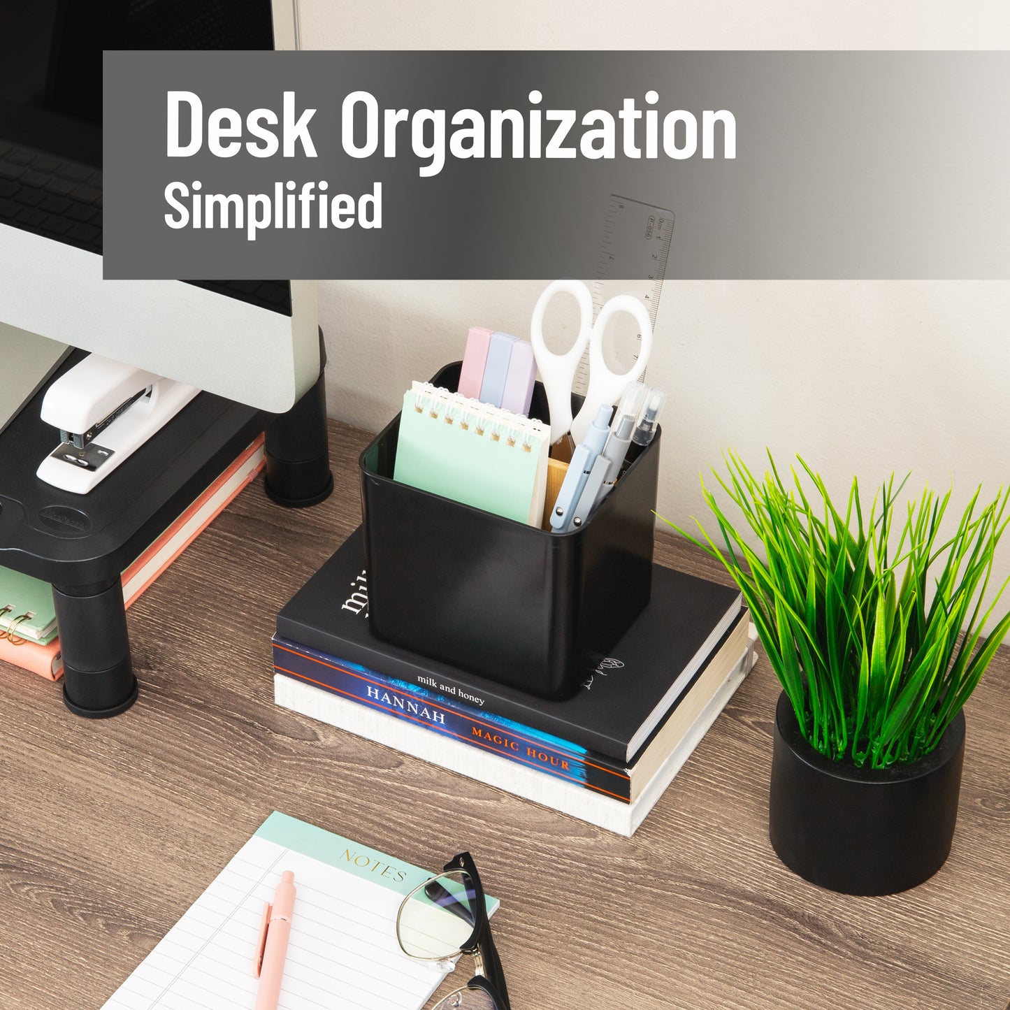 Mind Reader 2-Compartment Desktop Organizer, Removable Wood Divider, Non-Slip Base, Plastic and Wood