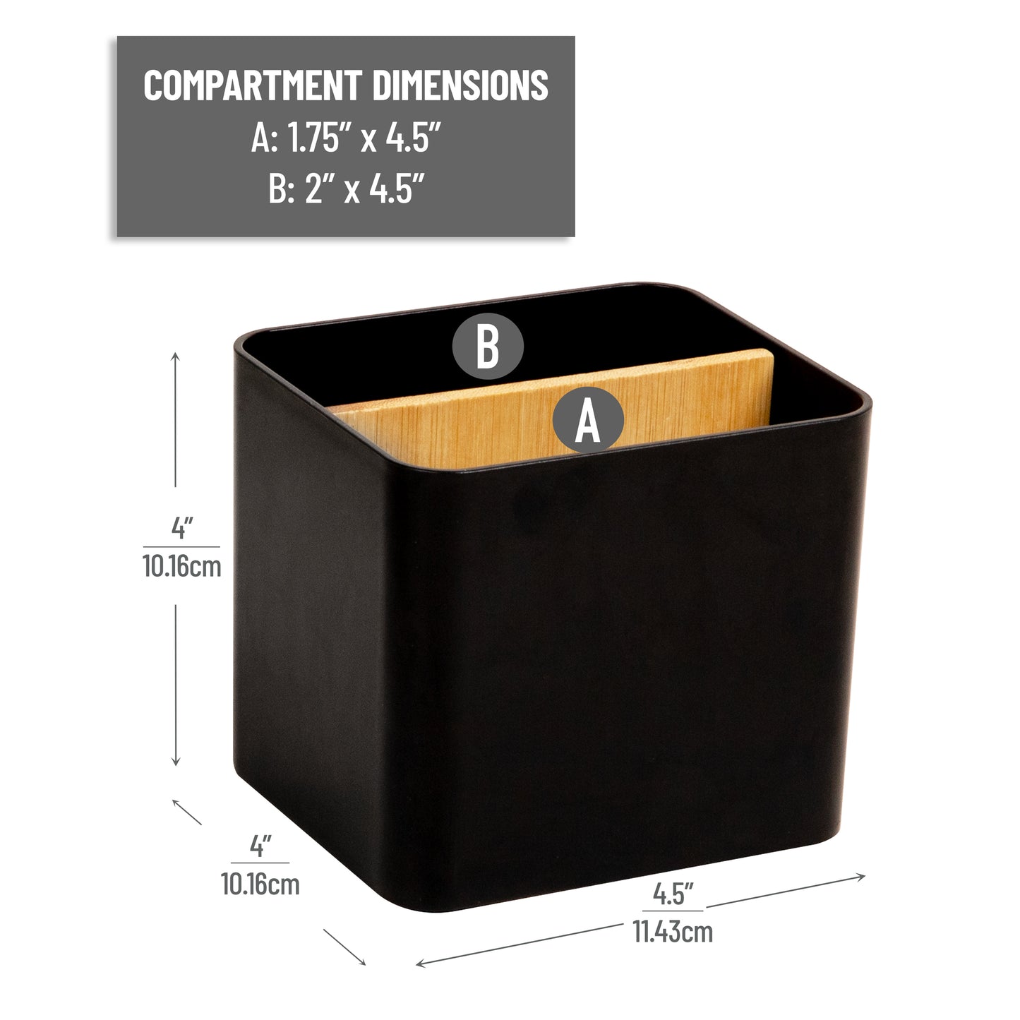 Mind Reader 2-Compartment Desktop Organizer, Removable Wood Divider, Non-Slip Base, Plastic and Wood