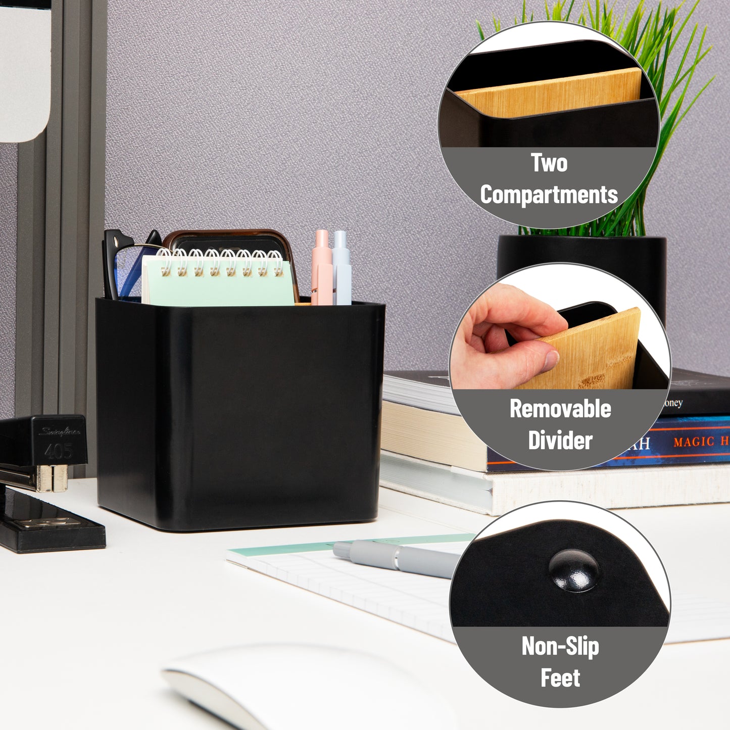 Mind Reader 2-Compartment Desktop Organizer, Removable Wood Divider, Non-Slip Base, Plastic and Wood