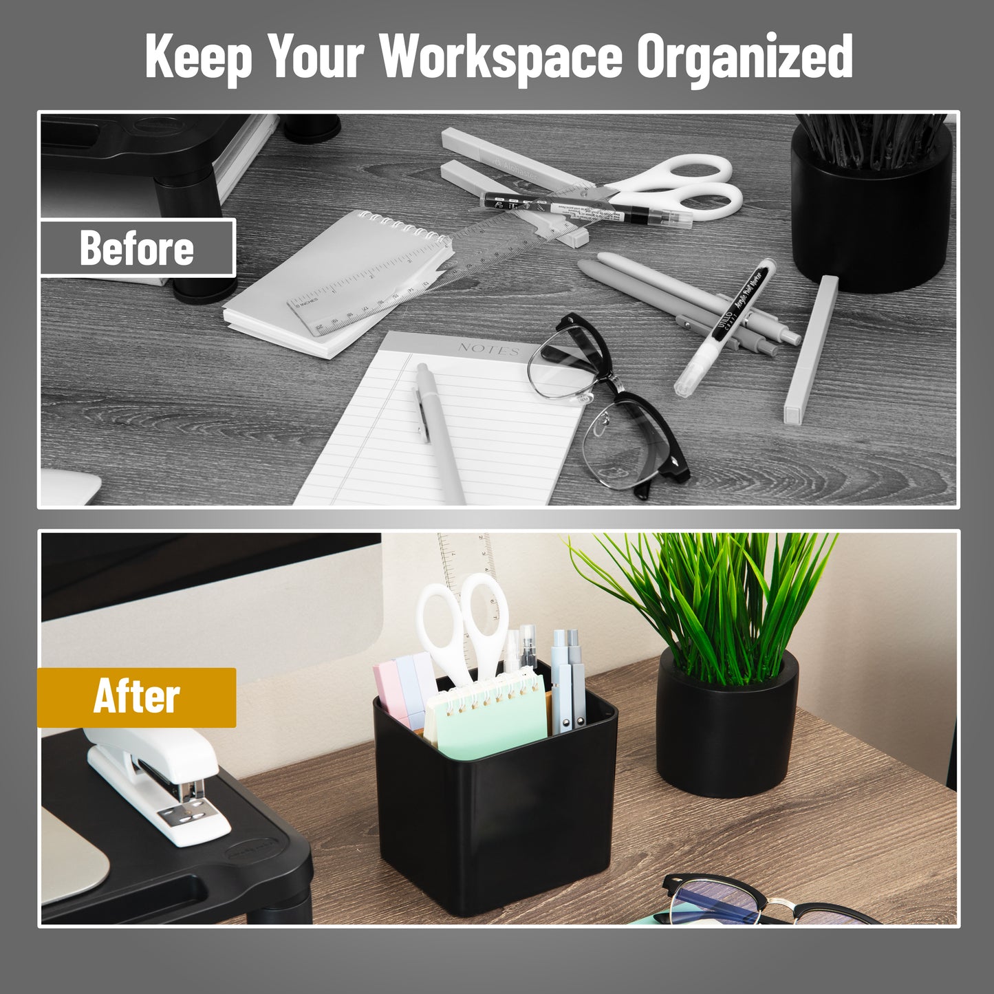 Mind Reader 2-Compartment Desktop Organizer, Removable Wood Divider, Non-Slip Base, Plastic and Wood