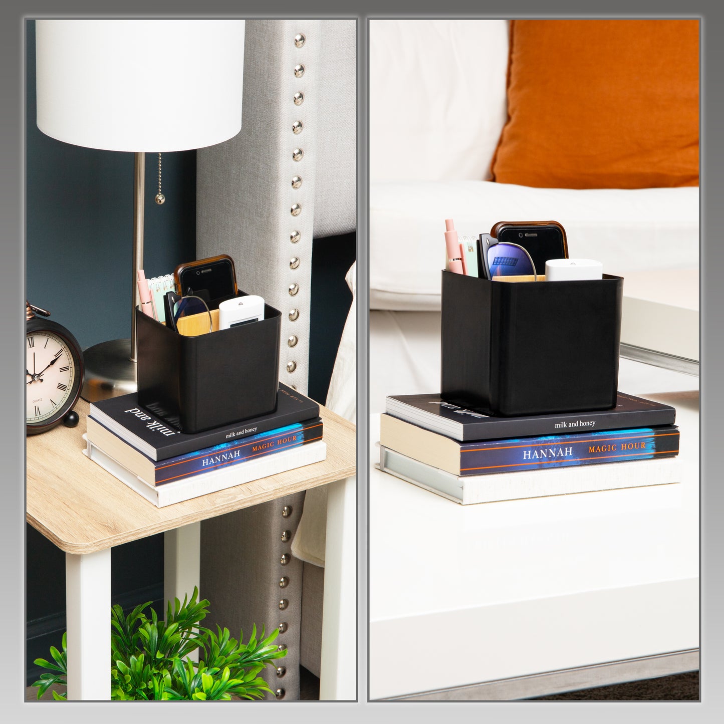 Mind Reader 2-Compartment Desktop Organizer, Removable Wood Divider, Non-Slip Base, Plastic and Wood