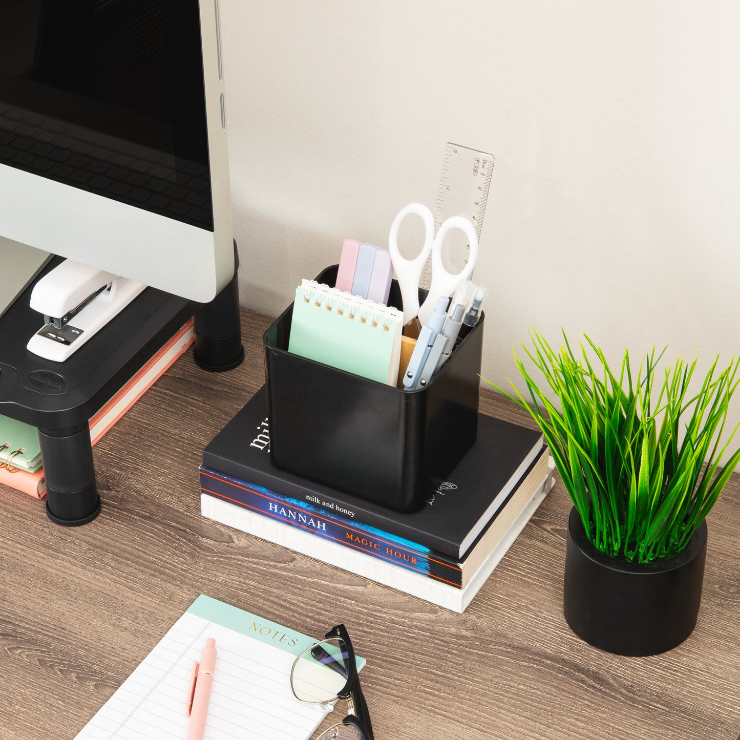 Mind Reader 2-Compartment Desktop Organizer, Removable Wood Divider, Non-Slip Base, Plastic and Wood