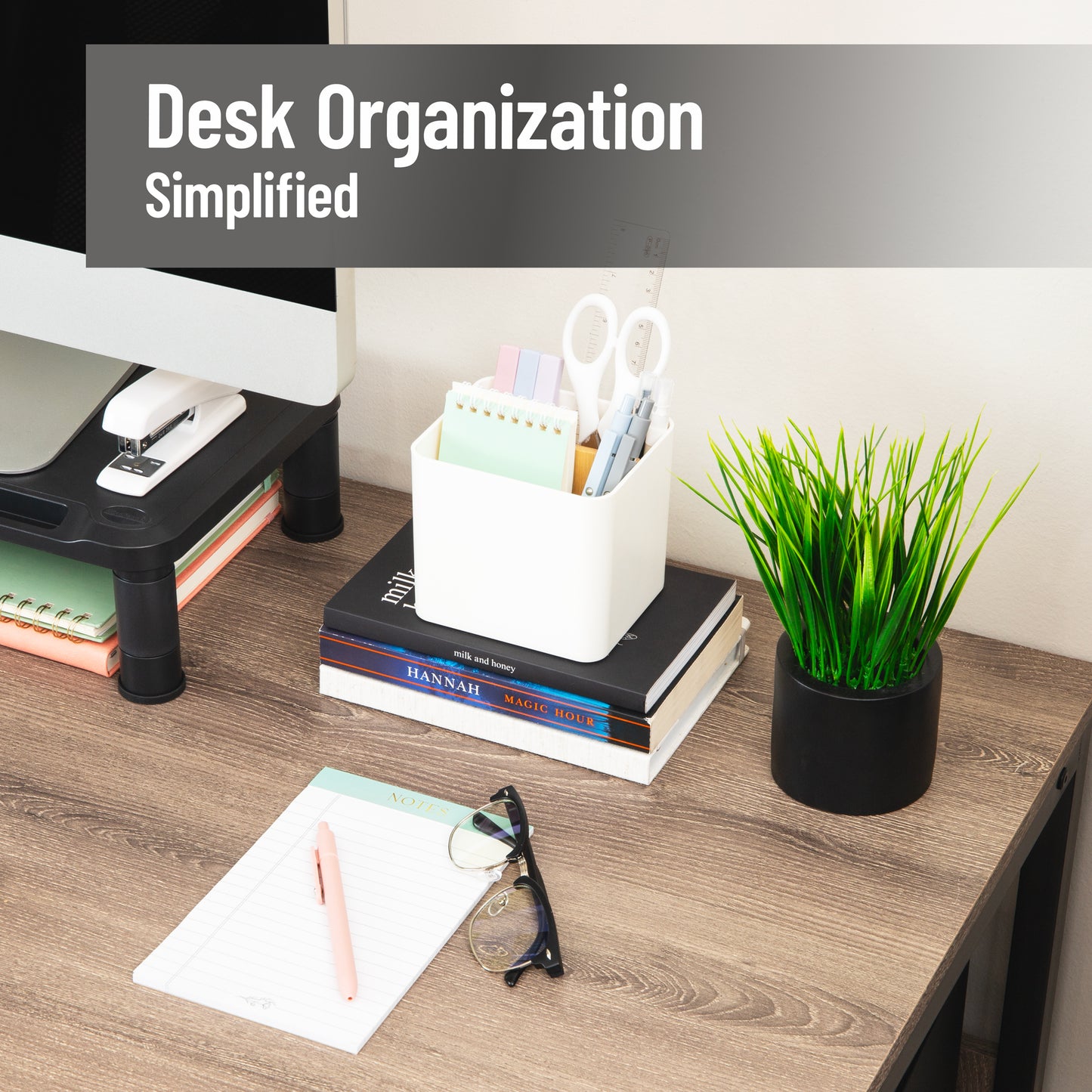 Mind Reader 2-Compartment Desktop Organizer, Removable Wood Divider, Non-Slip Base, Plastic and Wood