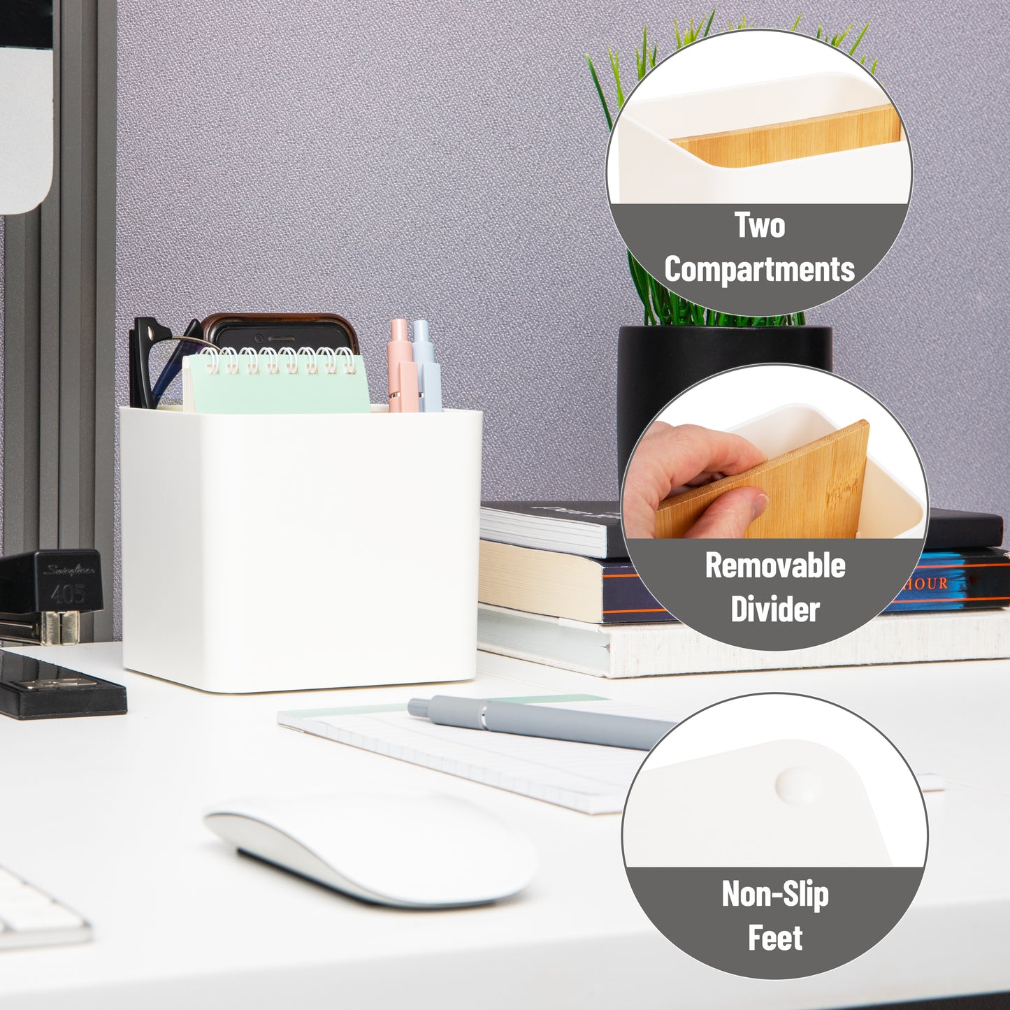 Mind Reader 2-Compartment Desktop Organizer, Removable Wood Divider, Non-Slip Base, Plastic and Wood