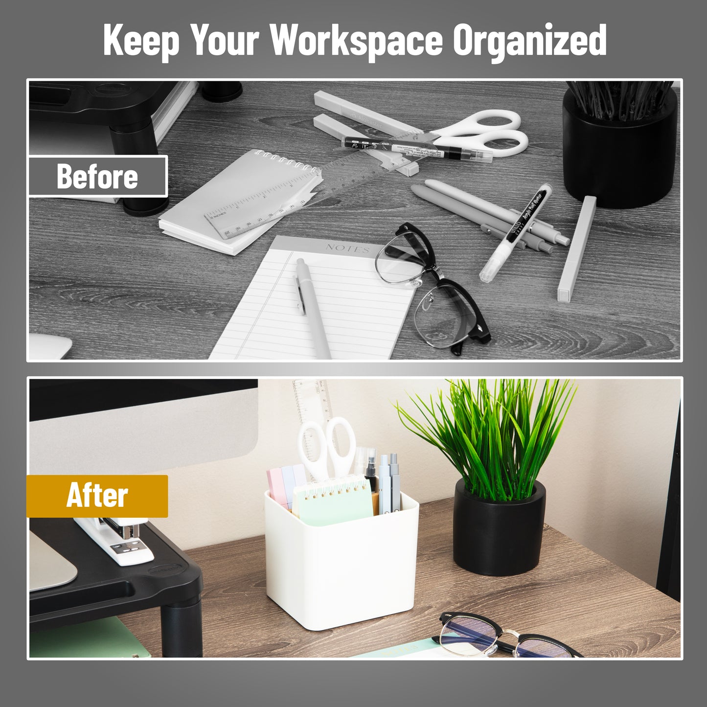 Mind Reader 2-Compartment Desktop Organizer, Removable Wood Divider, Non-Slip Base, Plastic and Wood