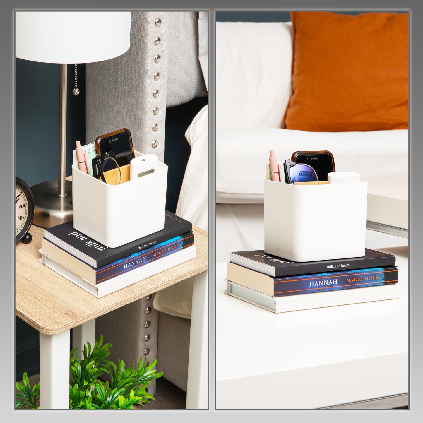 Mind Reader 2-Compartment Desktop Organizer, Removable Wood Divider, Non-Slip Base, Plastic and Wood