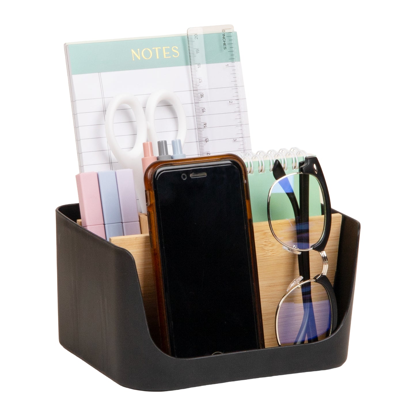 Mind Reader 5-Compartment Desktop Organizer, Adjustable Caddy, Plastic and Wood