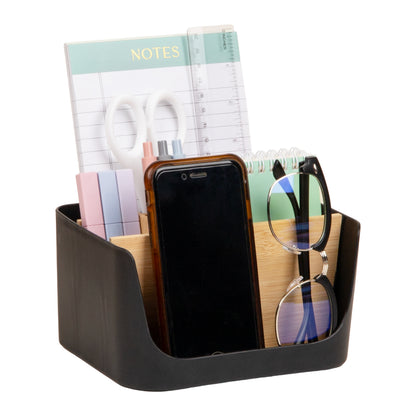 Mind Reader 5-Compartment Desktop Organizer, Adjustable Caddy, Plastic and Wood