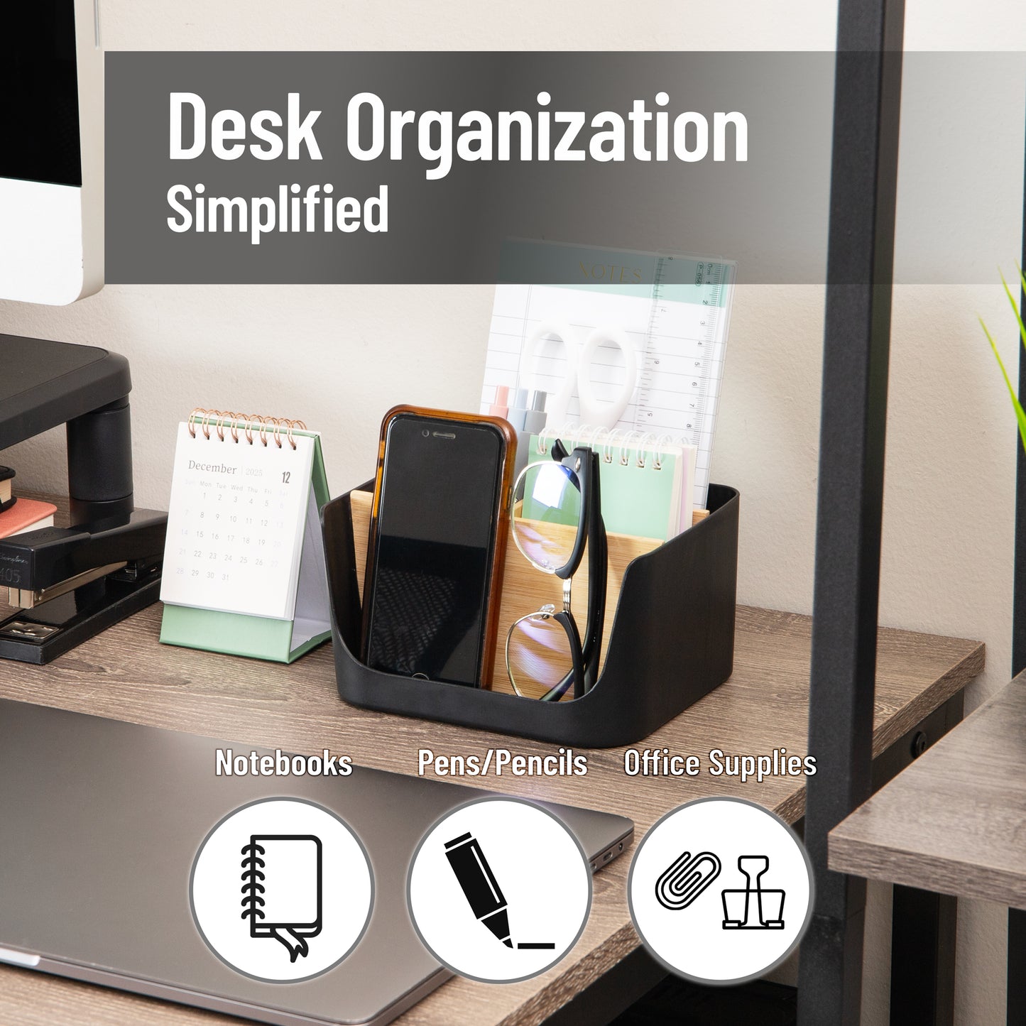 Mind Reader 5-Compartment Desktop Organizer, Adjustable Caddy, Plastic and Wood