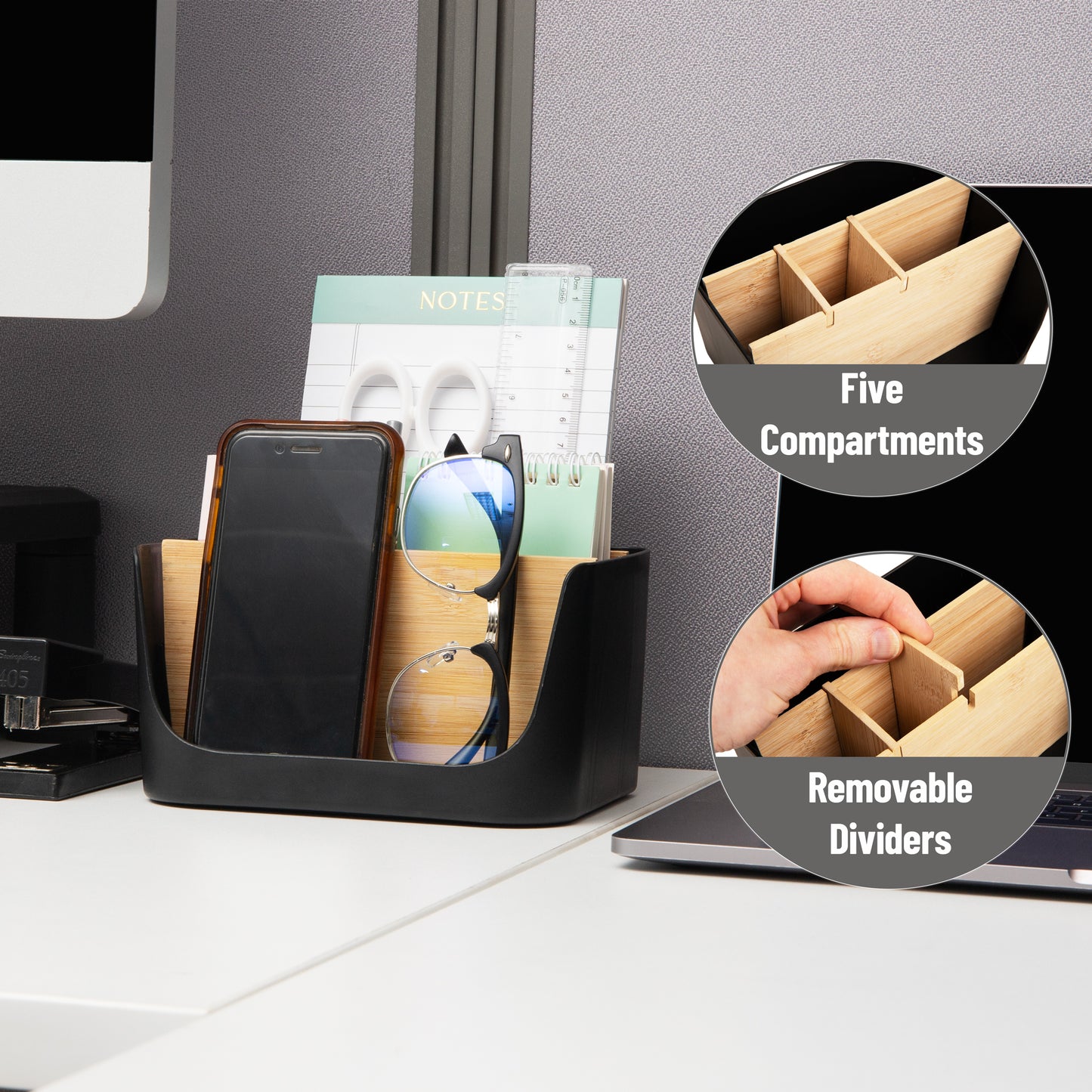 Mind Reader 5-Compartment Desktop Organizer, Adjustable Caddy, Plastic and Wood