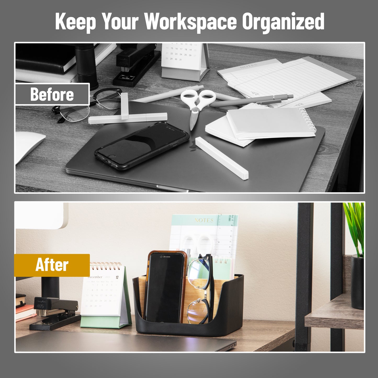 Mind Reader 5-Compartment Desktop Organizer, Adjustable Caddy, Plastic and Wood