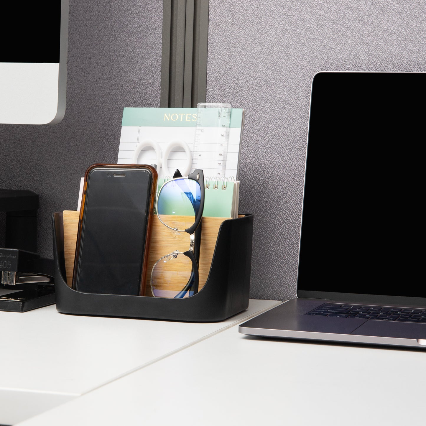 Mind Reader 5-Compartment Desktop Organizer, Adjustable Caddy, Plastic and Wood