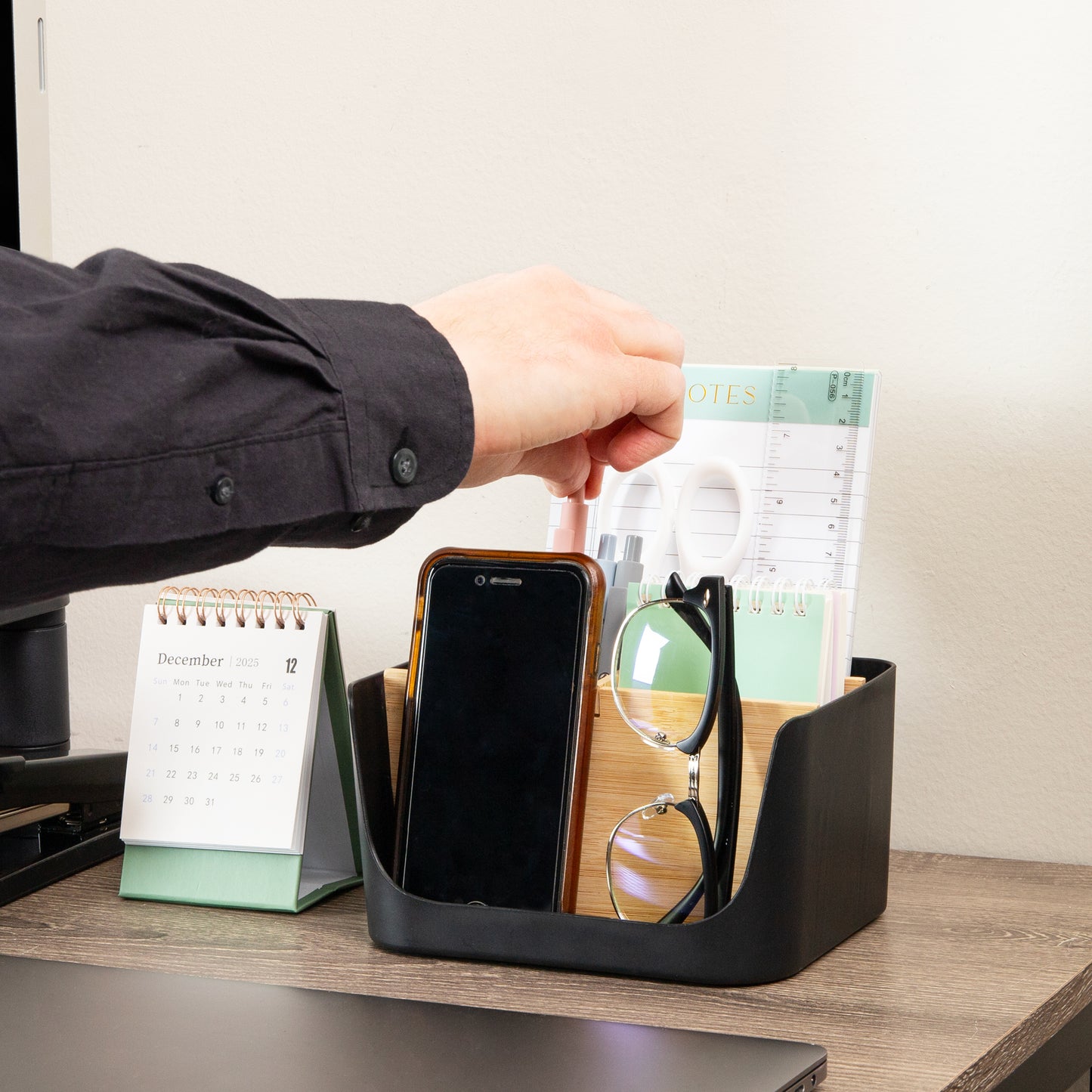 Mind Reader 5-Compartment Desktop Organizer, Adjustable Caddy, Plastic and Wood