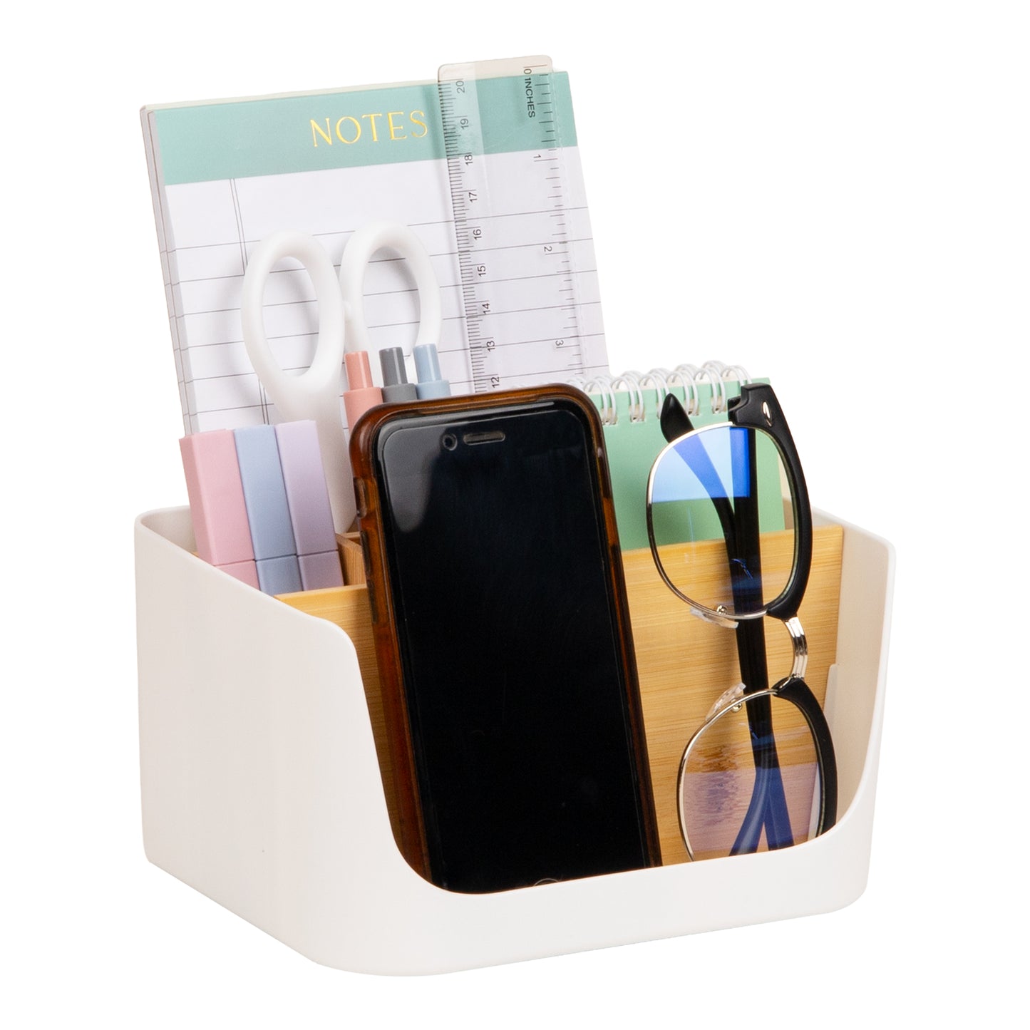 Mind Reader 5-Compartment Desktop Organizer, Adjustable Caddy, Plastic and Wood
