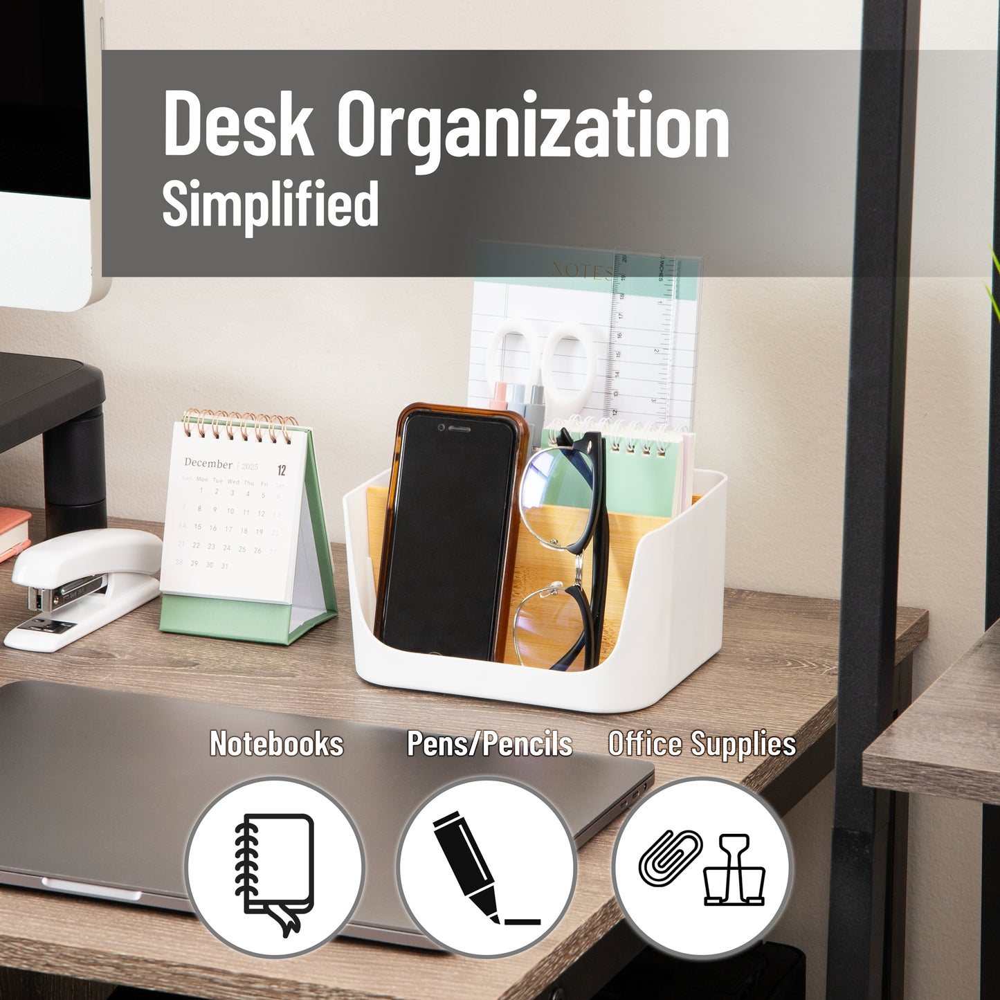 Mind Reader 5-Compartment Desktop Organizer, Adjustable Caddy, Plastic and Wood