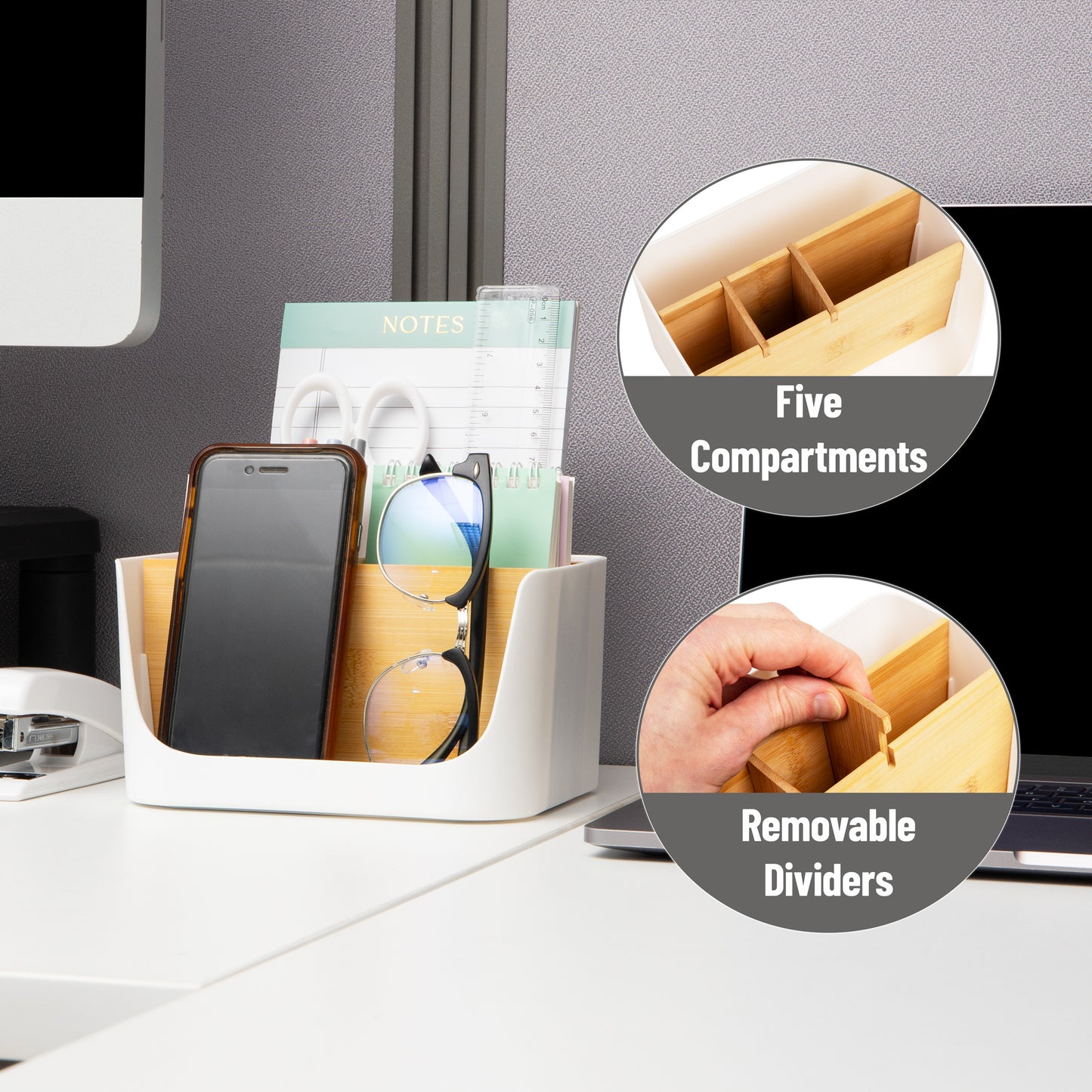Mind Reader 5-Compartment Desktop Organizer, Adjustable Caddy, Plastic and Wood