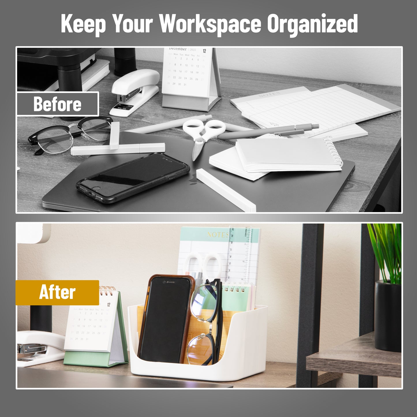 Mind Reader 5-Compartment Desktop Organizer, Adjustable Caddy, Plastic and Wood