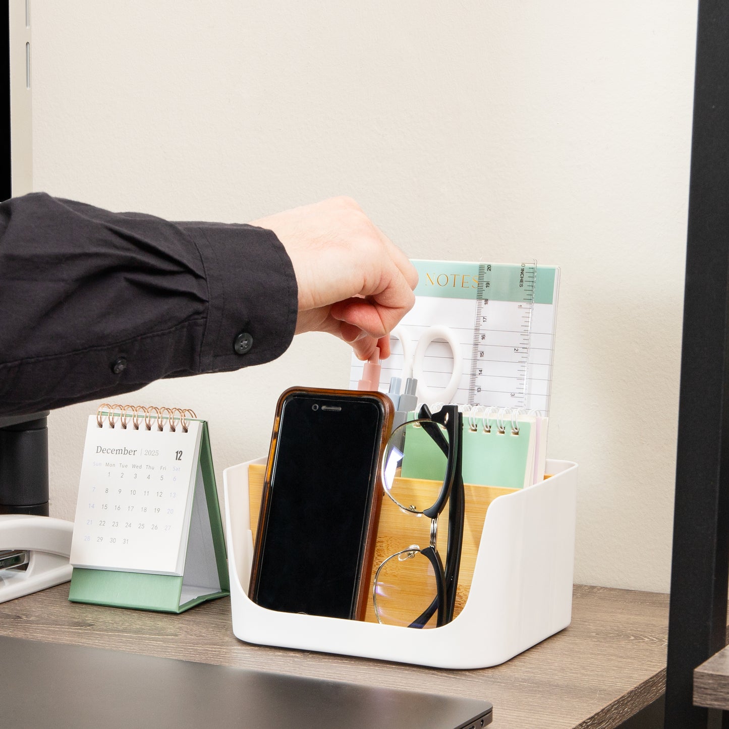 Mind Reader 5-Compartment Desktop Organizer, Adjustable Caddy, Plastic and Wood