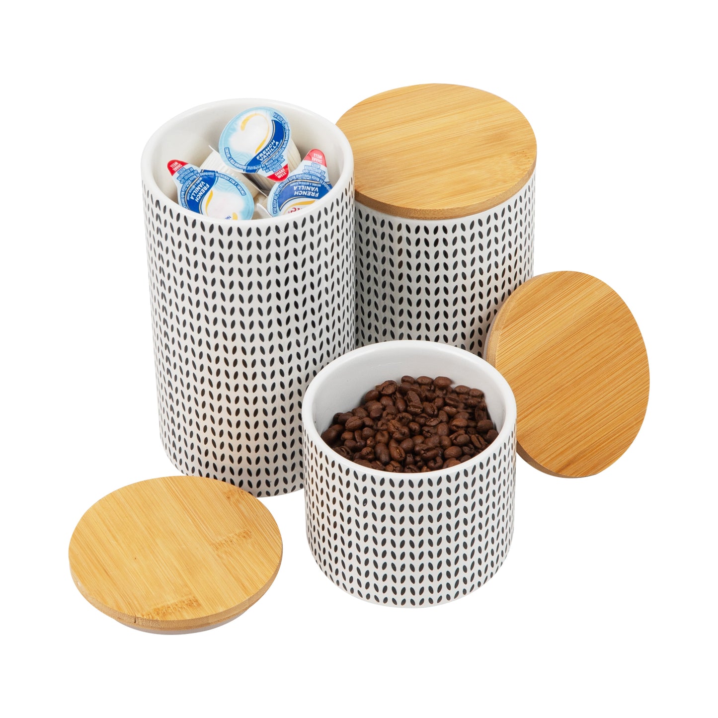 Mind Reader 3-Piece Canister Set, Small 14oz., Medium 24oz., and Large 23oz. Capacity, with Wooden Lids, Kitchen Storage, Countertop Organizer, Space Saver, Black and White