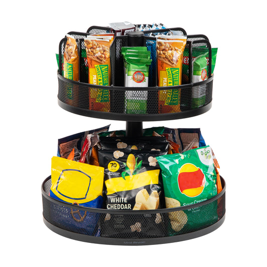 Mind Reader Network Collection, 2-Tier Granola Bar and Snack Carousel, Lazy Susan,  Countertop Organizer, Breakroom, Metal Mesh, Black