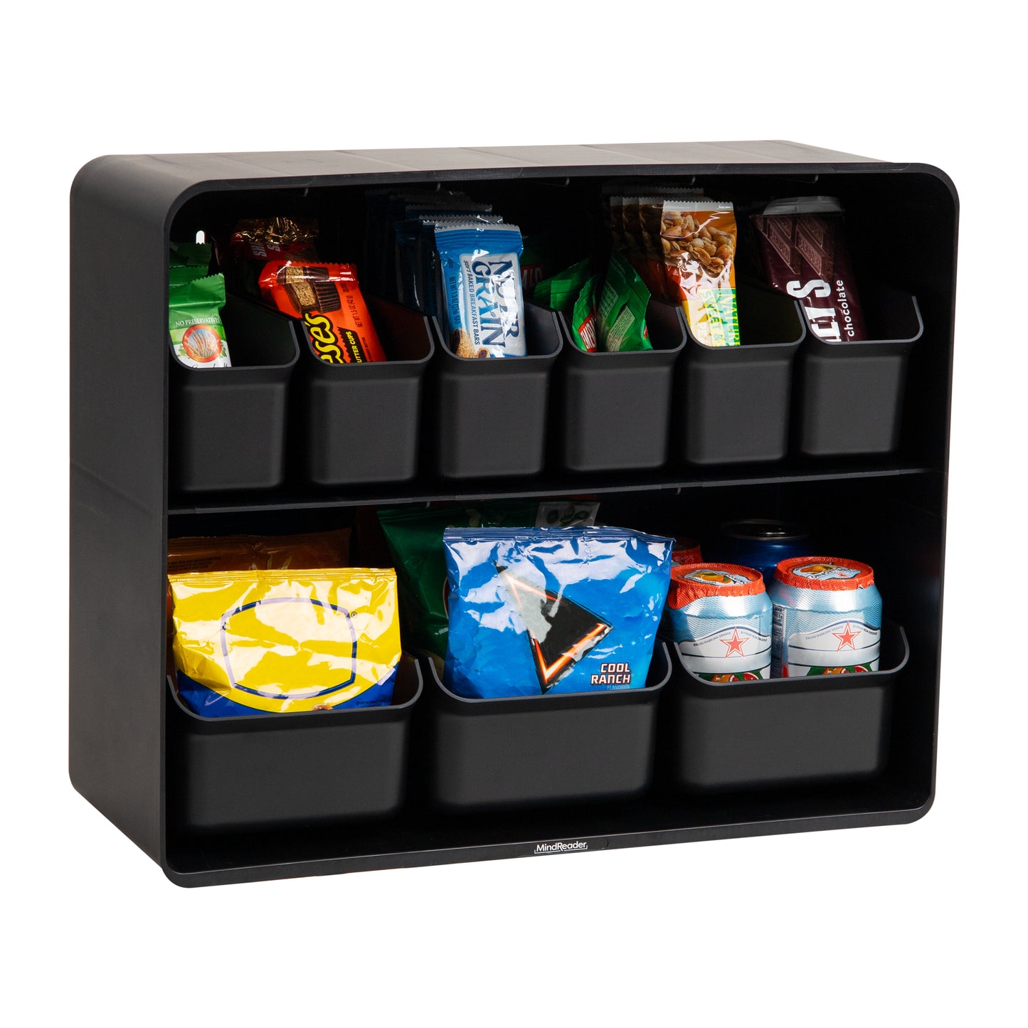 Mind Reader Snack Organizer, Countertop Organizer, Snacks, Drinks, Pantry, Breakroom, Kitchen, 18"L x 7.25"W x 14.5"H, Black