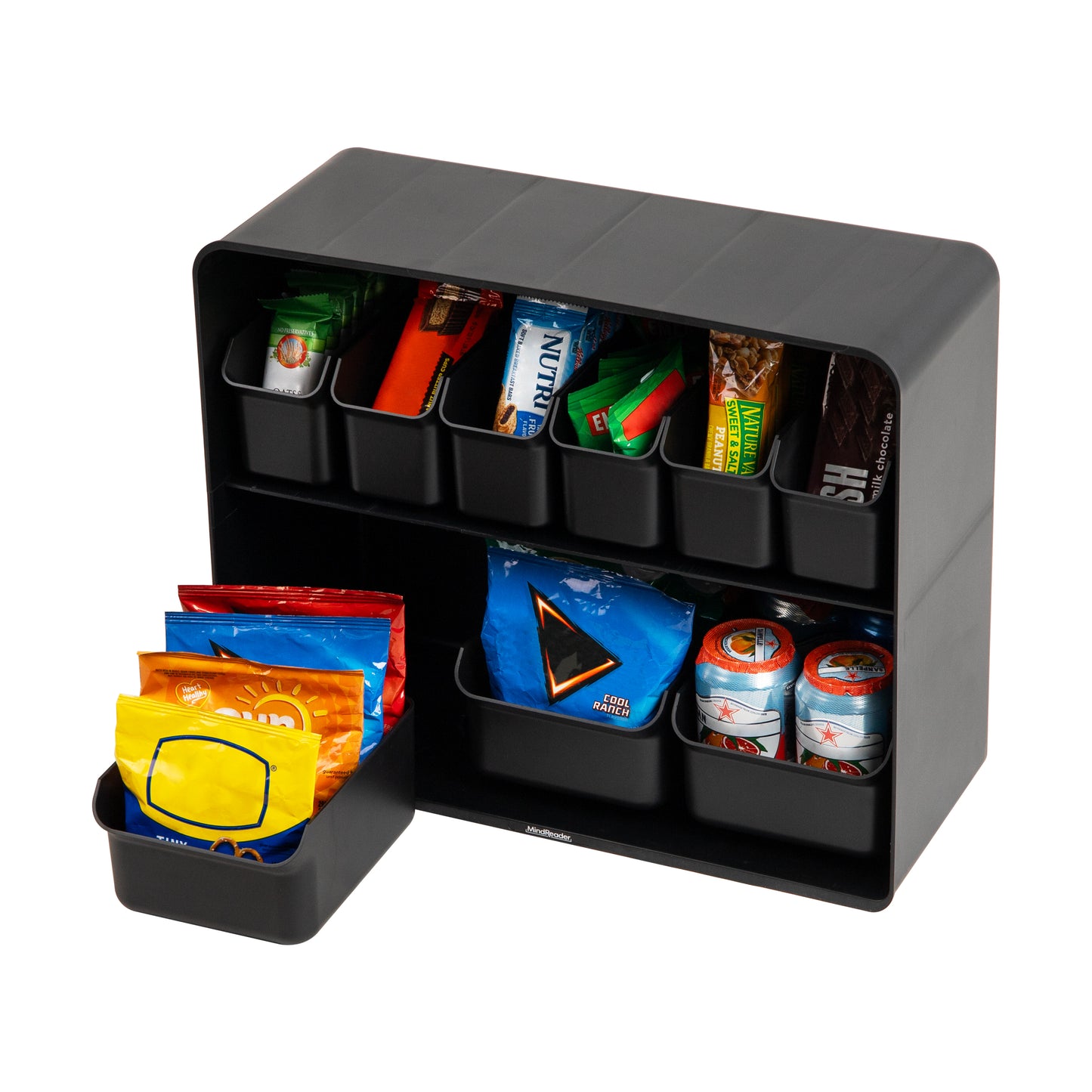 Mind Reader Snack Organizer, Countertop Organizer, Snacks, Drinks, Pantry, Breakroom, Kitchen, 18"L x 7.25"W x 14.5"H, Black