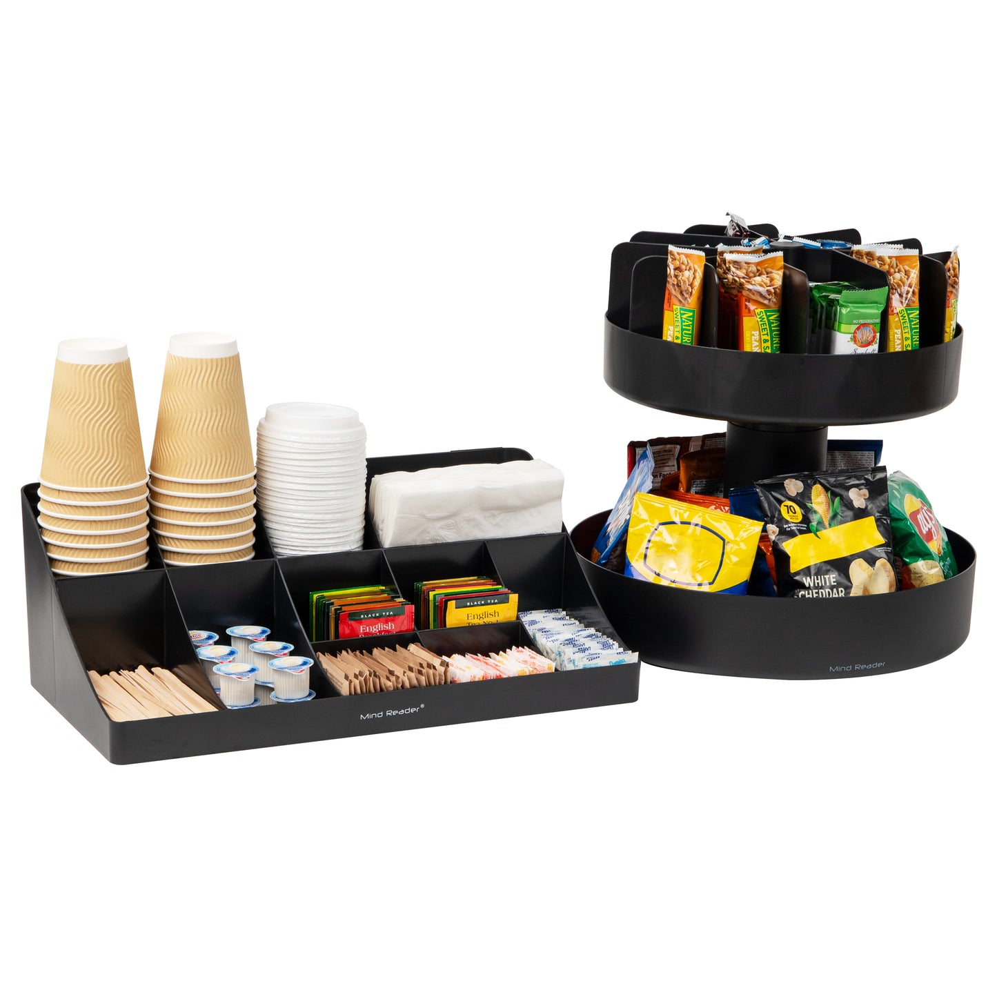 Mind Reader Anchor Collection, 11-Compartment, 2-Tier Coffee Cup and Condiment Storage and 2-Tier Lazy Susan Granola Bar and Snack Storage, Countertop Organizer Set, 14.25"L x 14.25"W x 14"H, Black