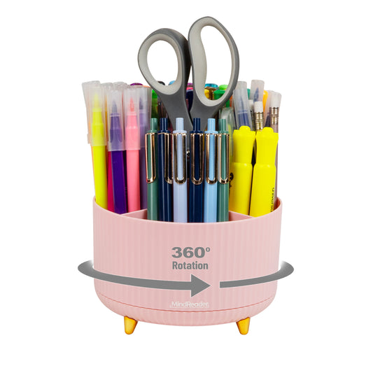 Mind Reader Rotating Pen Cup, 5-Compartment Accessory Holder for Desk Supplies, Desktop Organizer, Plastic, 5.75"L x 5.75"W x 4.75"H