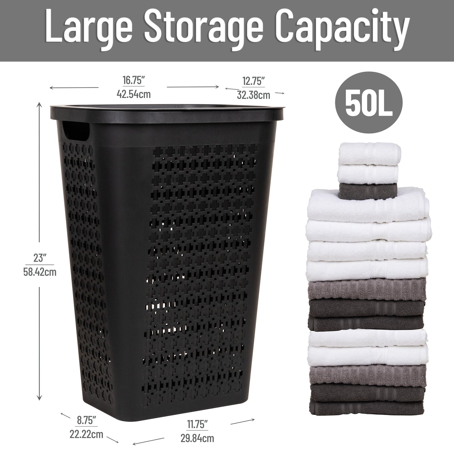 Mind Reader Slim Tapered Laundry Hamper with Lid, 50L Plastic Clothes Basket with Swiss Cross Cut-Outs, Lightweight & Ventilated Laundry Bin with Handles