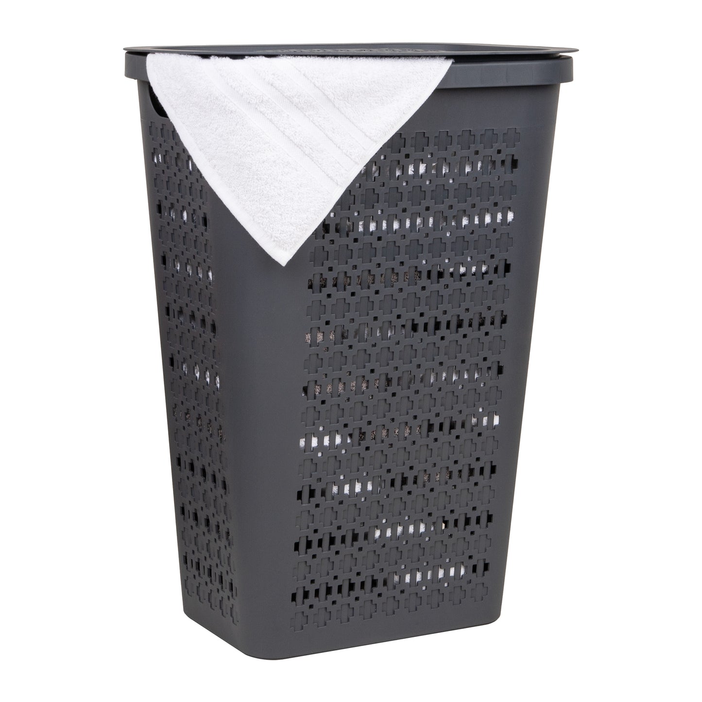 Mind Reader Slim Tapered Laundry Hamper with Lid, 50L Plastic Clothes Basket with Swiss Cross Cut-Outs, Lightweight & Ventilated Laundry Bin with Handles