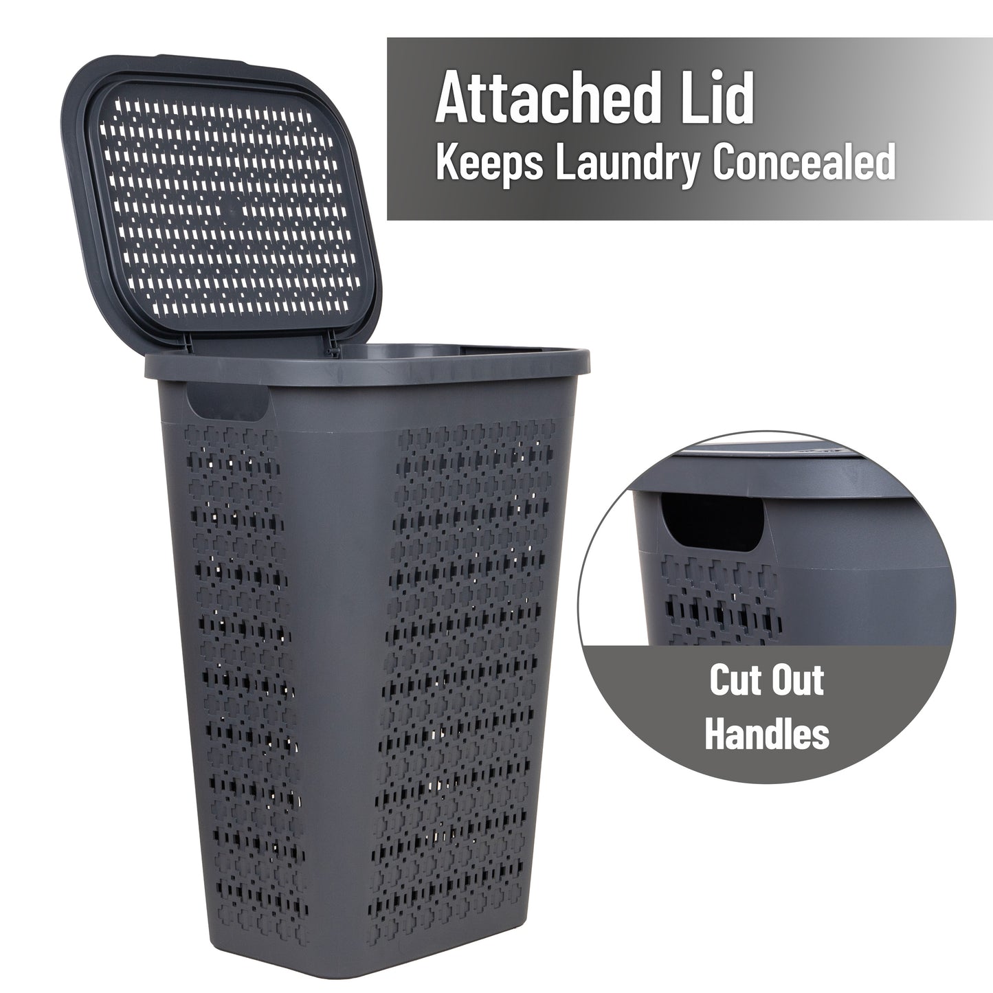 Mind Reader Slim Tapered Laundry Hamper with Lid, 50L Plastic Clothes Basket with Swiss Cross Cut-Outs, Lightweight & Ventilated Laundry Bin with Handles