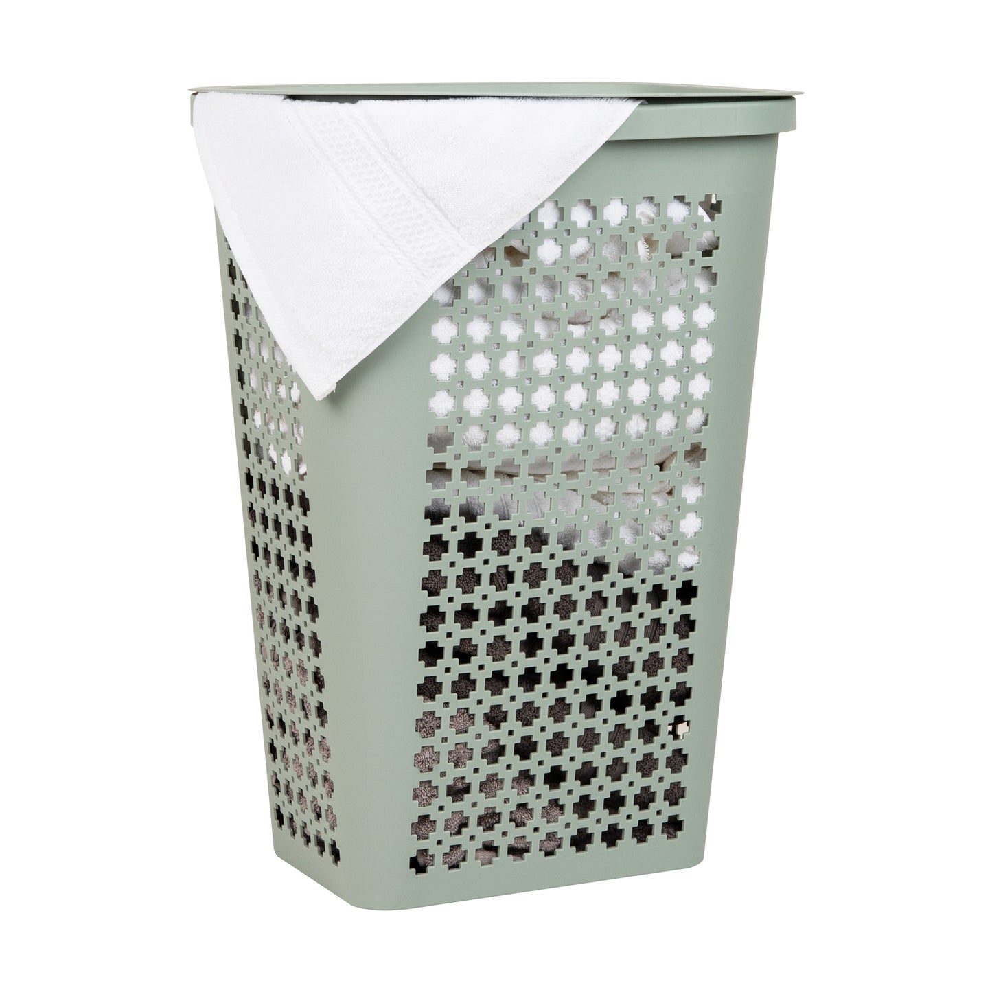 Mind Reader Slim Tapered Laundry Hamper with Lid, 50L Plastic Clothes Basket with Swiss Cross Cut-Outs, Lightweight & Ventilated Laundry Bin with Handles