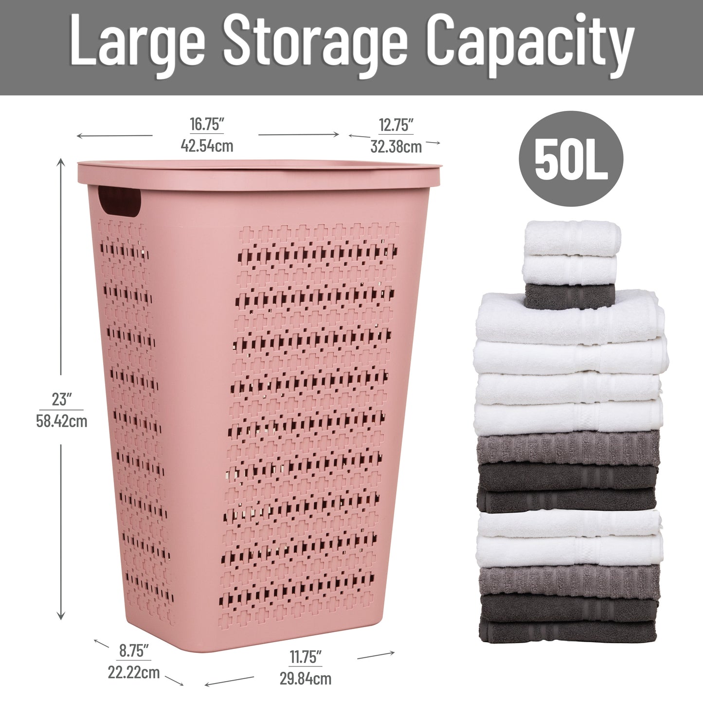 Mind Reader Slim Tapered Laundry Hamper with Lid, 50L Plastic Clothes Basket with Swiss Cross Cut-Outs, Lightweight & Ventilated Laundry Bin with Handles