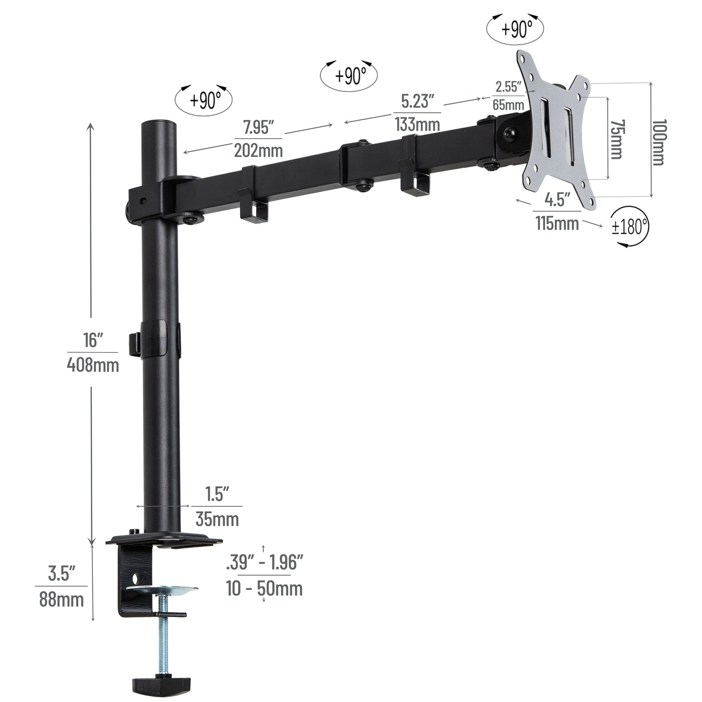 Mind Reader Single Monitor Desk Mount for 13–32 Inch Screens, Adjustable Tilt ±45°, Swivel ±90°, Rotate 180°, VESA 75x75/100x100, Holds up to 17.6 lbs, Cable Management, Quick Release, Black