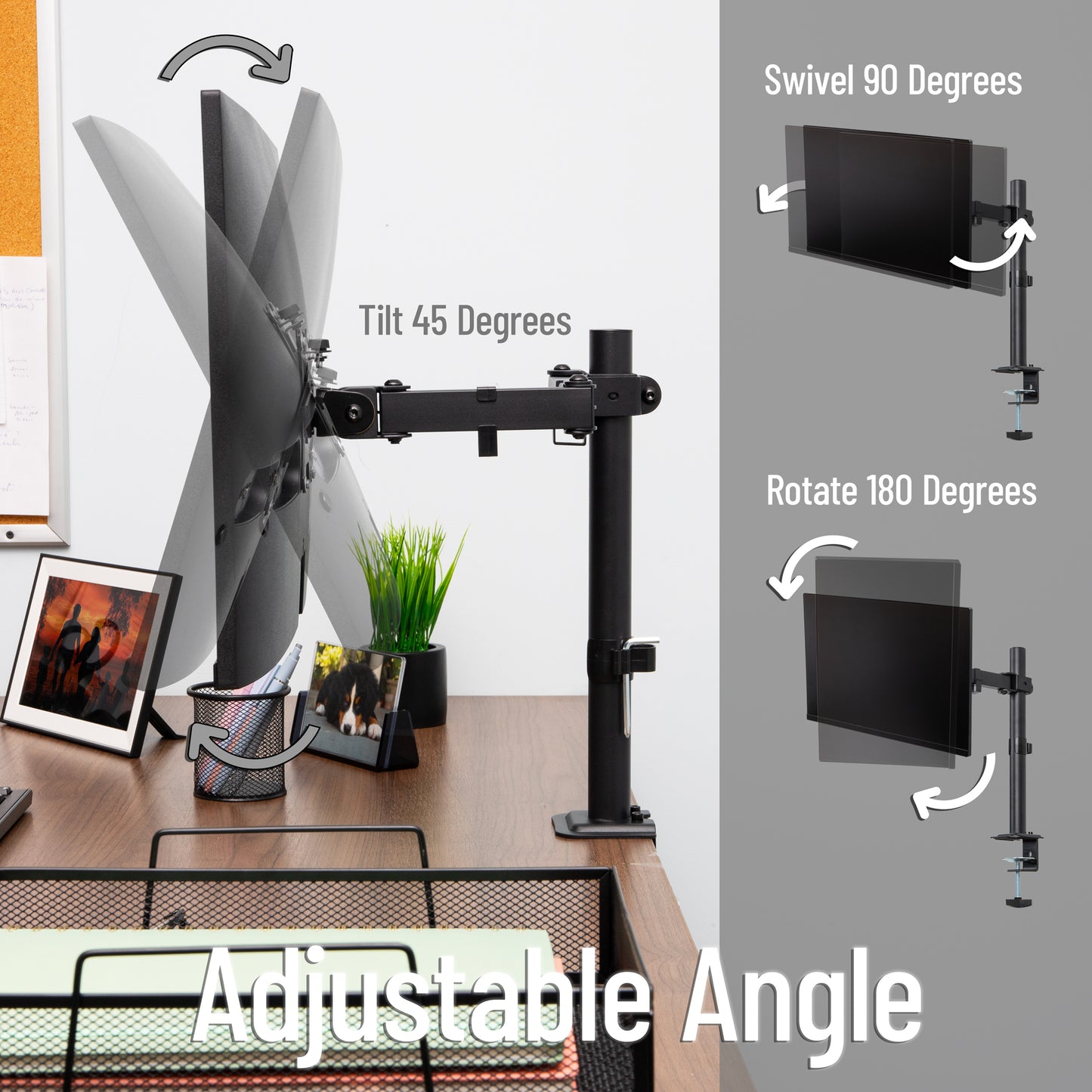 Mind Reader Single Monitor Desk Mount for 13–32 Inch Screens, Adjustable Tilt ±45°, Swivel ±90°, Rotate 180°, VESA 75x75/100x100, Holds up to 17.6 lbs, Cable Management, Quick Release, Black