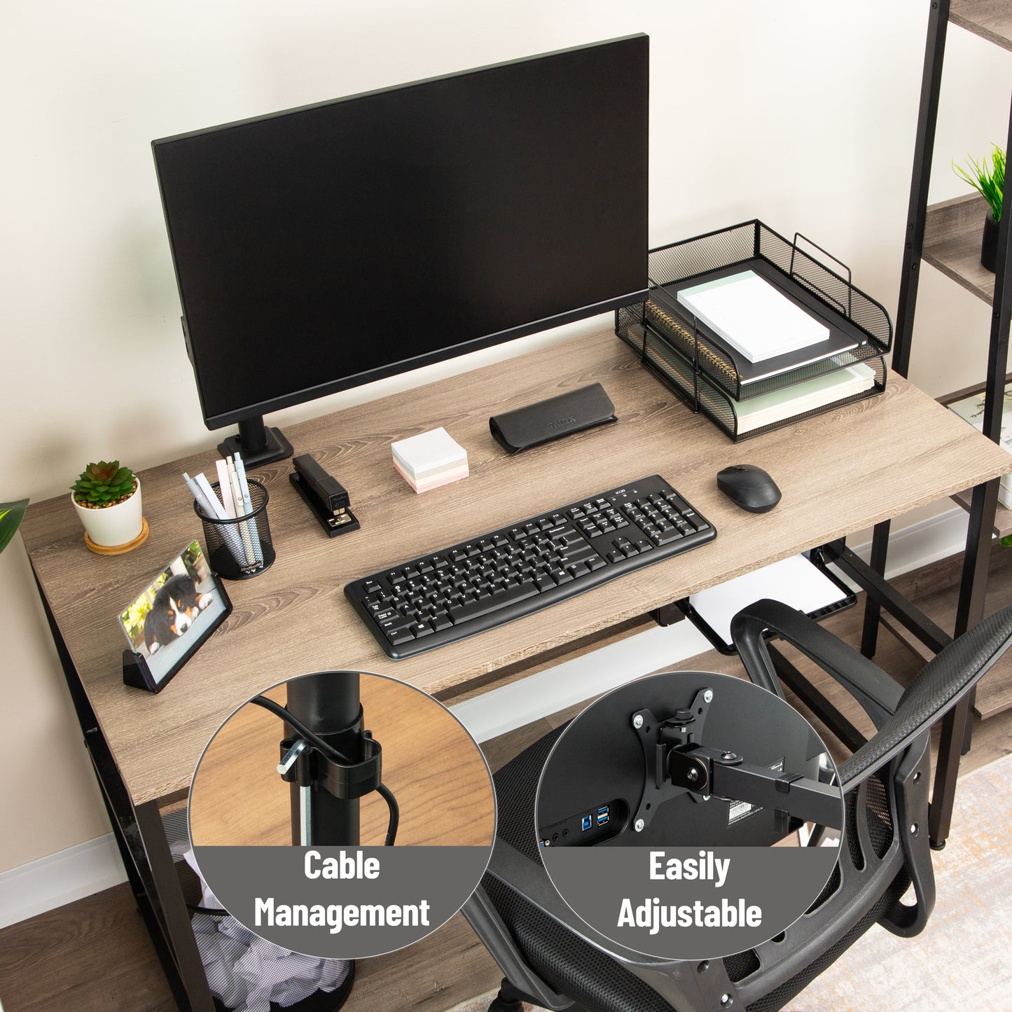Mind Reader Single Monitor Desk Mount for 13–32 Inch Screens, Adjustable Tilt ±45°, Swivel ±90°, Rotate 180°, VESA 75x75/100x100, Holds up to 17.6 lbs, Cable Management, Quick Release, Black
