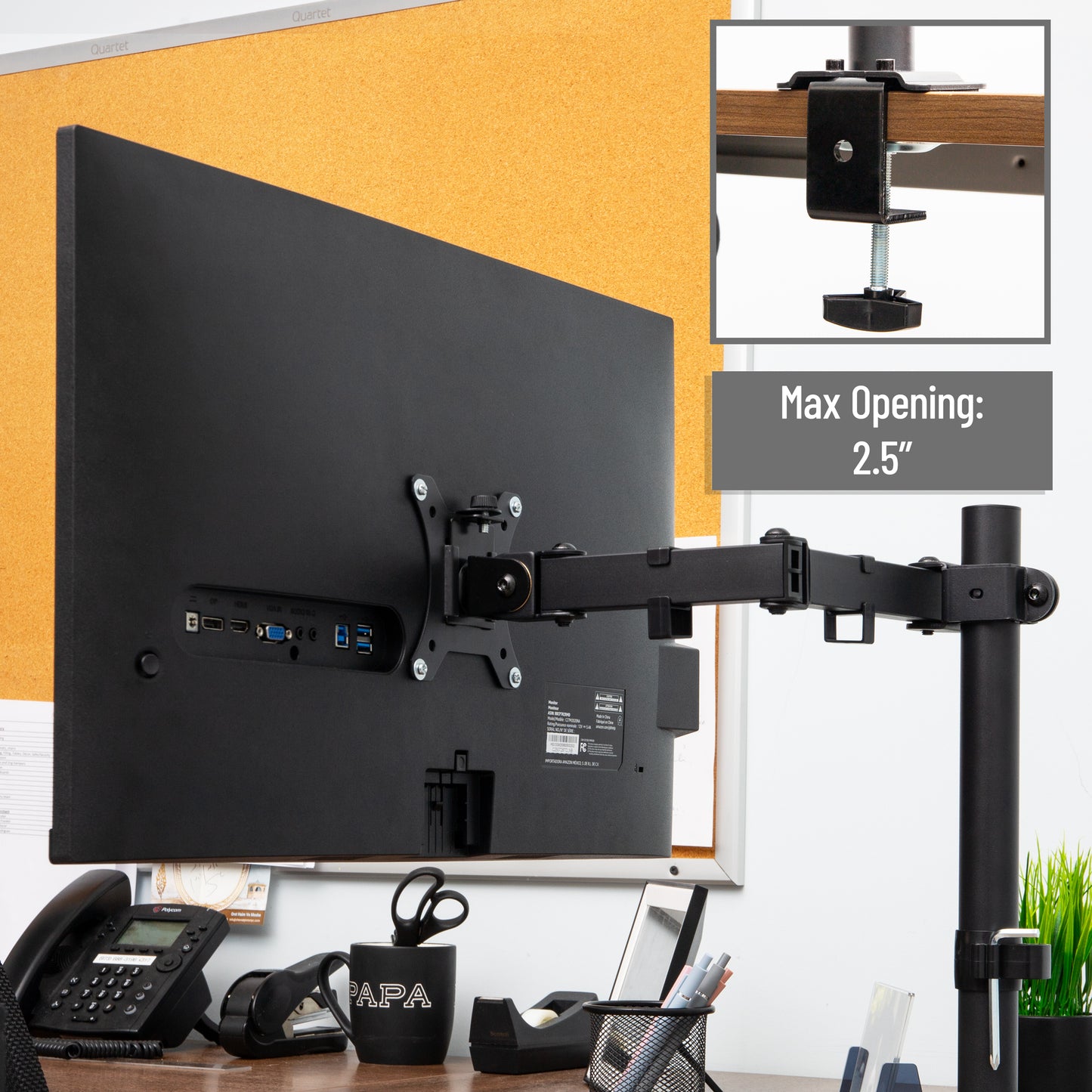 Mind Reader Single Monitor Desk Mount for 13–32 Inch Screens, Adjustable Tilt ±45°, Swivel ±90°, Rotate 180°, VESA 75x75/100x100, Holds up to 17.6 lbs, Cable Management, Quick Release, Black