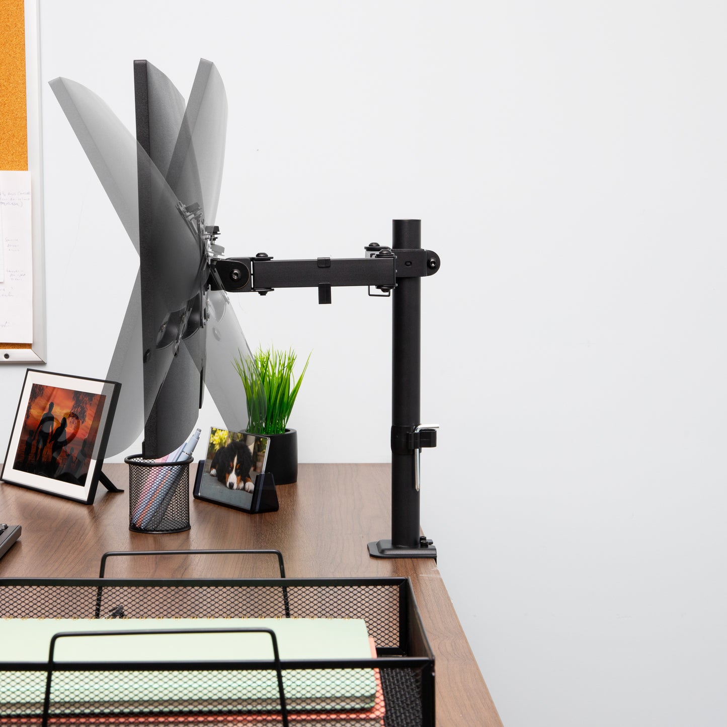 Mind Reader Single Monitor Desk Mount for 13–32 Inch Screens, Adjustable Tilt ±45°, Swivel ±90°, Rotate 180°, VESA 75x75/100x100, Holds up to 17.6 lbs, Cable Management, Quick Release, Black