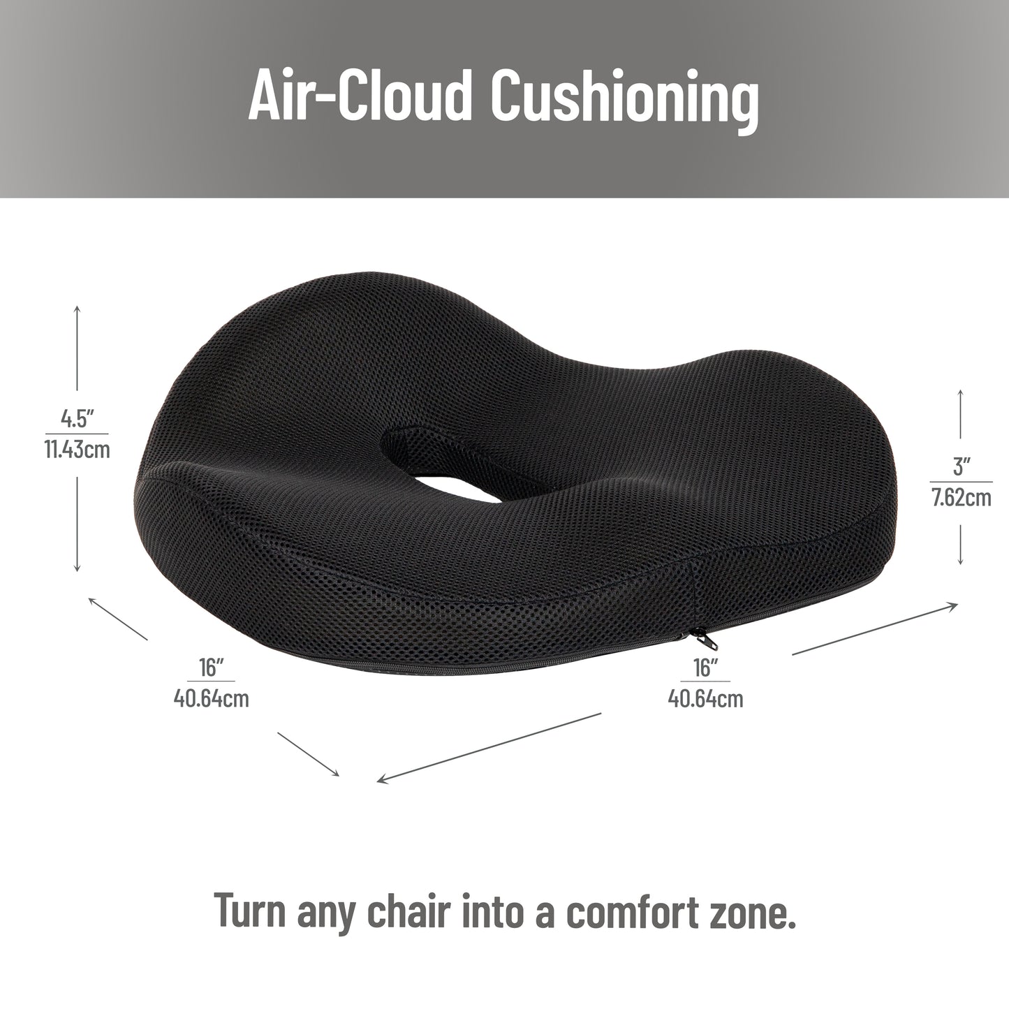 Mind Reader Donut Pillow with Air-Cloud Technology, Ergonomic Memory Foam Seat Cushion for Tailbone, Hemorrhoid, Pregnancy & Lower Back Pain Relief, Washable Cover, Black