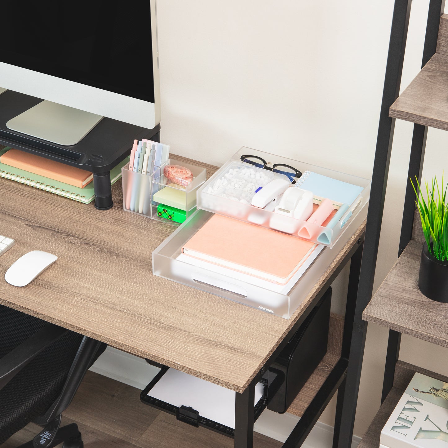 Mind Reader 3-Piece Acrylic Desktop Organizer Set, Frosted Clear Paper Tray, Accessory Tray, Pen and Supply Organizer, Modular Desk Organization System