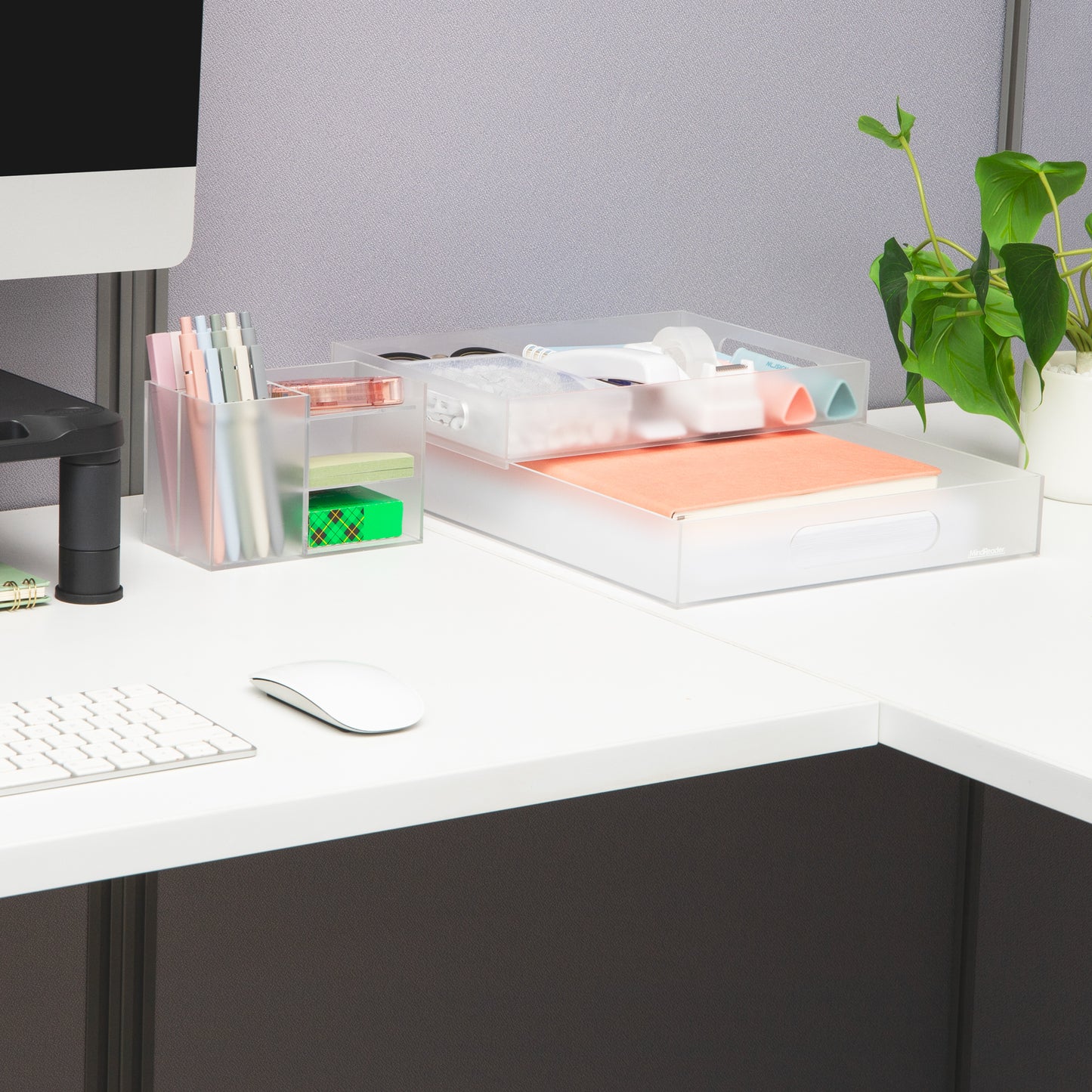 Mind Reader 3-Piece Acrylic Desktop Organizer Set, Frosted Clear Paper Tray, Accessory Tray, Pen and Supply Organizer, Modular Desk Organization System