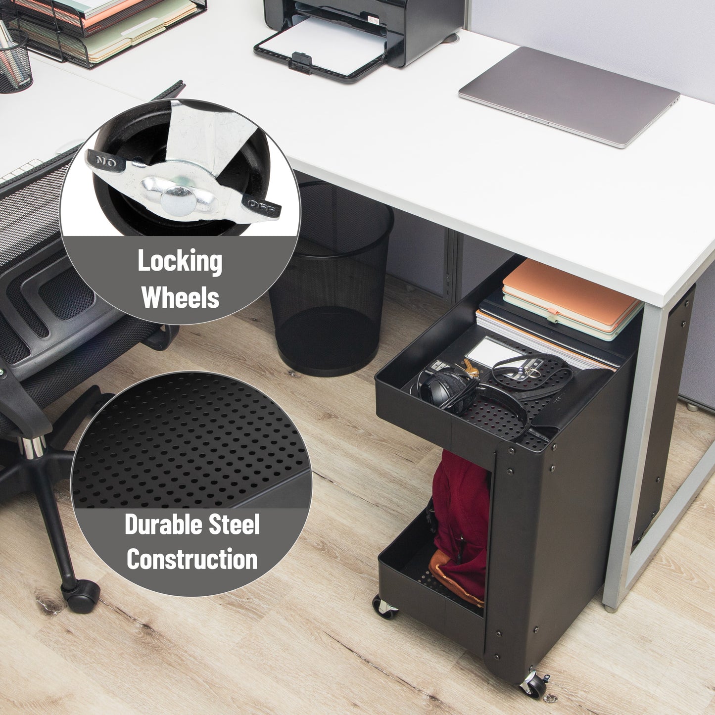 Mind Reader Under Desk Rolling Cart, 2-Tier Steel Utility Organizer, No Assembly Required, 12"L x 20"W x 23.5"H, Black