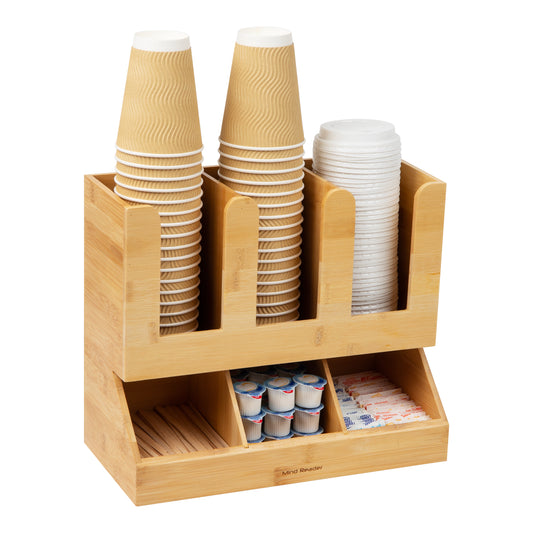 Mind Reader Bali Collection, 6-Compartment, 2-Tier Bamboo Cup, Lid and Condiment Storage, Countertop Organizer, Brown