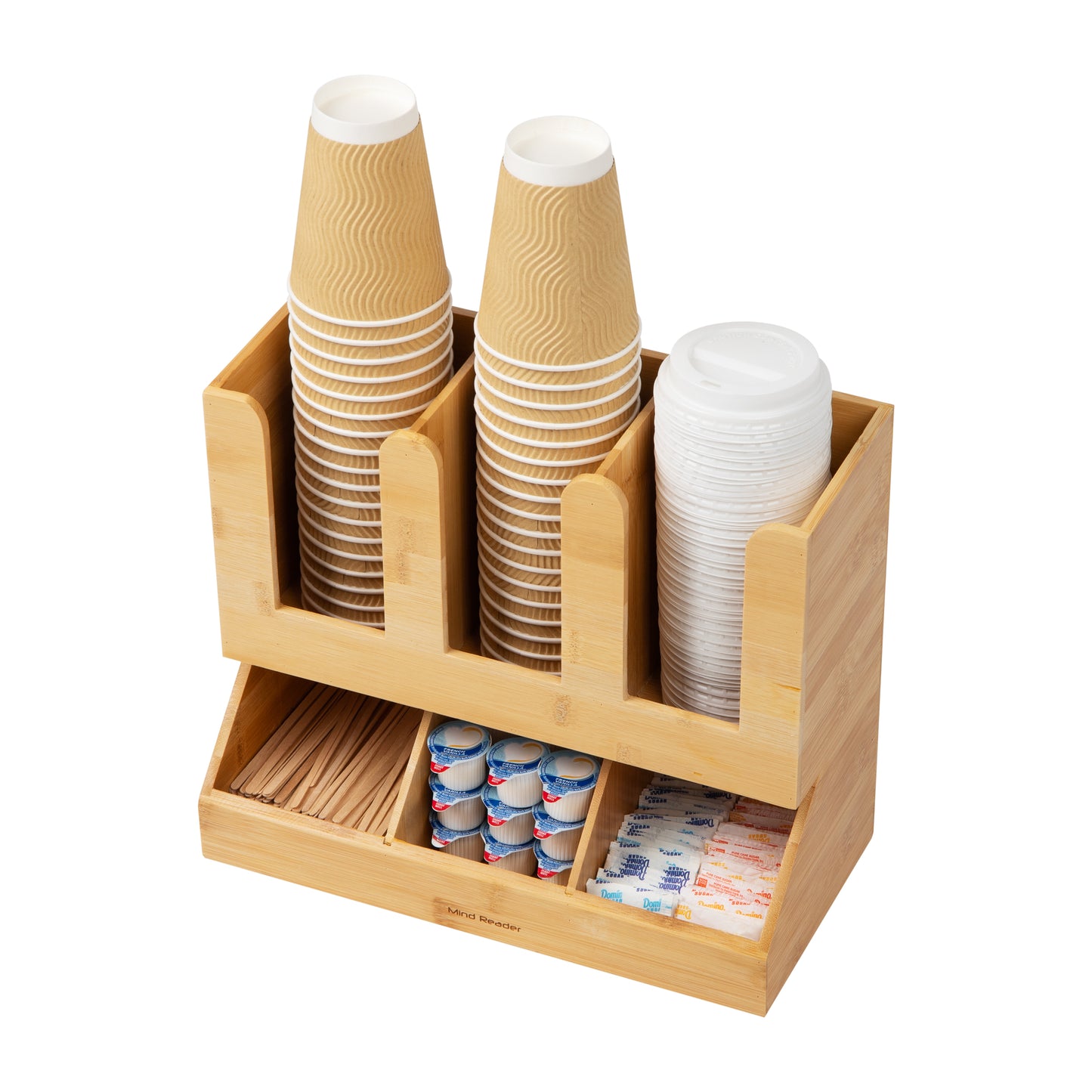 Mind Reader Bali Collection, 6-Compartment, 2-Tier Bamboo Cup, Lid and Condiment Storage, Countertop Organizer, Brown