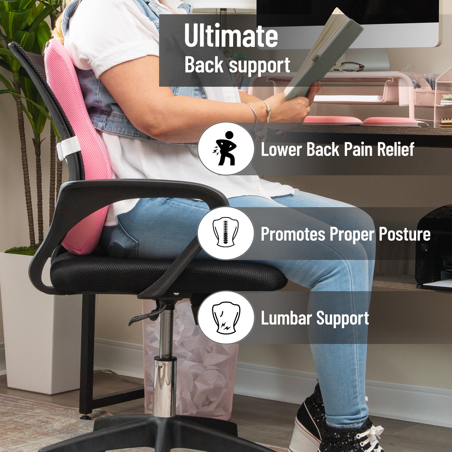 Mind Reader Air-Cloud Lumbar Cushion, Memory Foam Back Support Pillow for Lower Back Pain Relief, Adjustable Strap, Office Chair and Car Seat, Pink