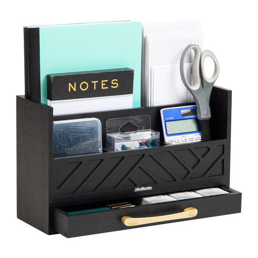Mind Reader 5-Compartment Desktop Organizer, Rustic Wooden Storage Rack with Drawer for Papers, Accessories, and Office Supplies, 12.5"L x 4.25"W x 7.5"H, Black