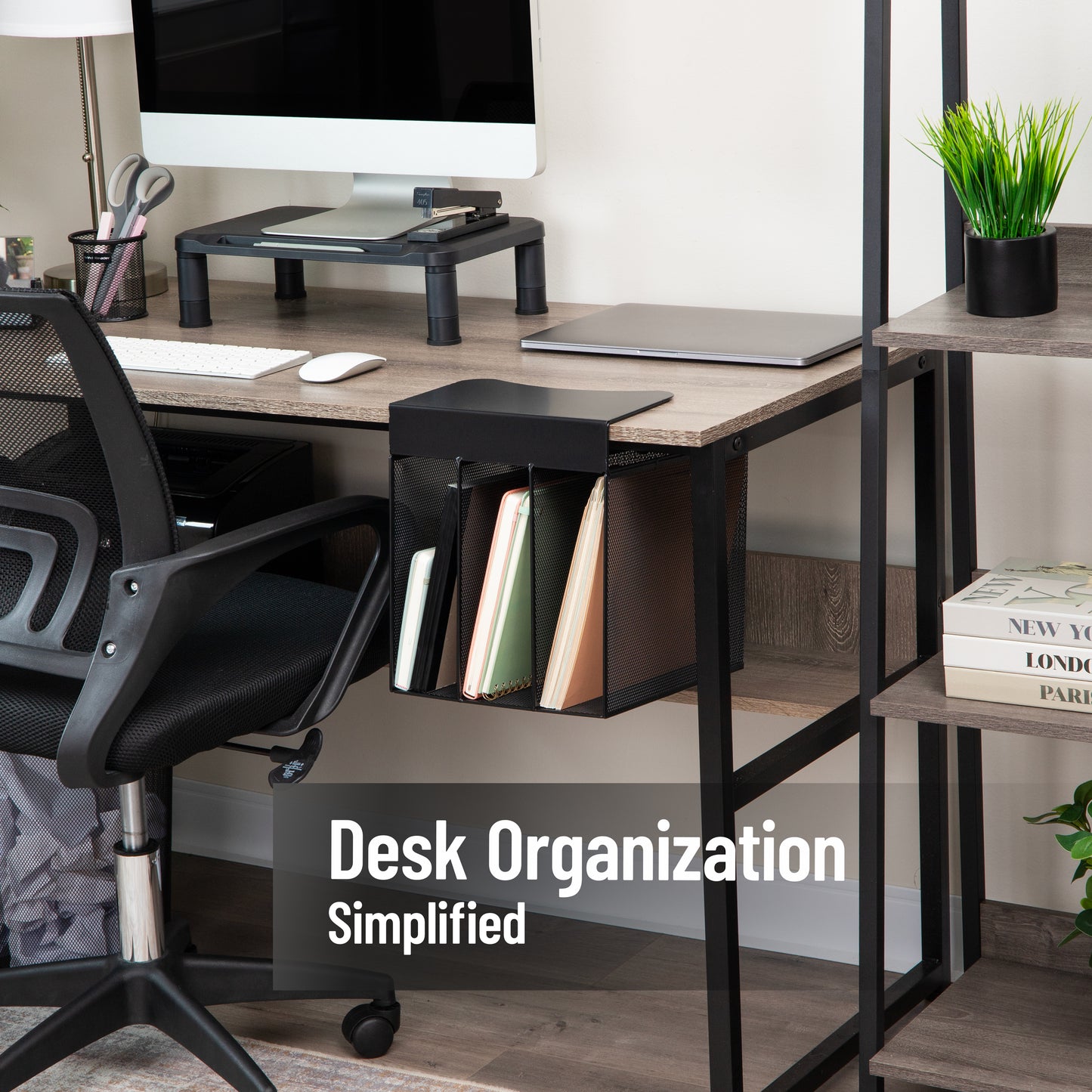 Mind Reader Slide-On Under Desk File Organizer, No Tools Required, Hanging Storage for Laptops, Folders, and Notebooks, Metal, Black